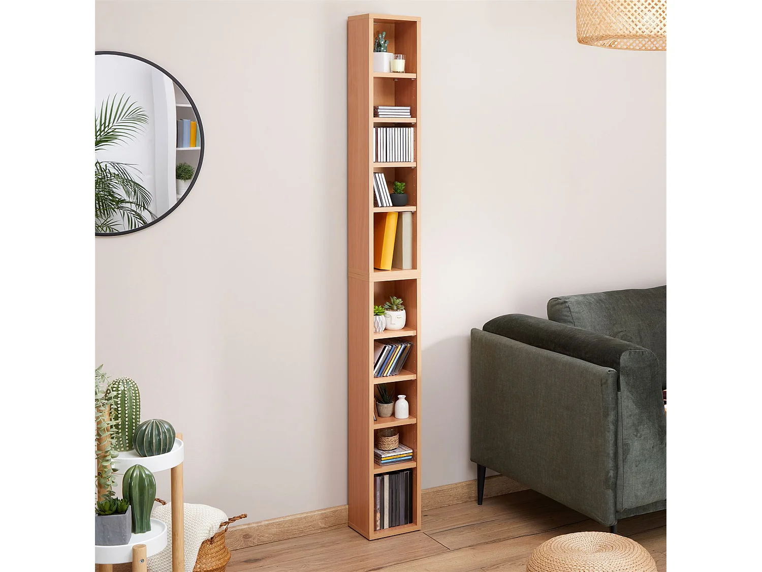 Etagères modulables MUSIQUE pour CD et DVD, lot de 2 meubles de rangement en colonne avec 10 compartiments en mélaminé couleur hêtre