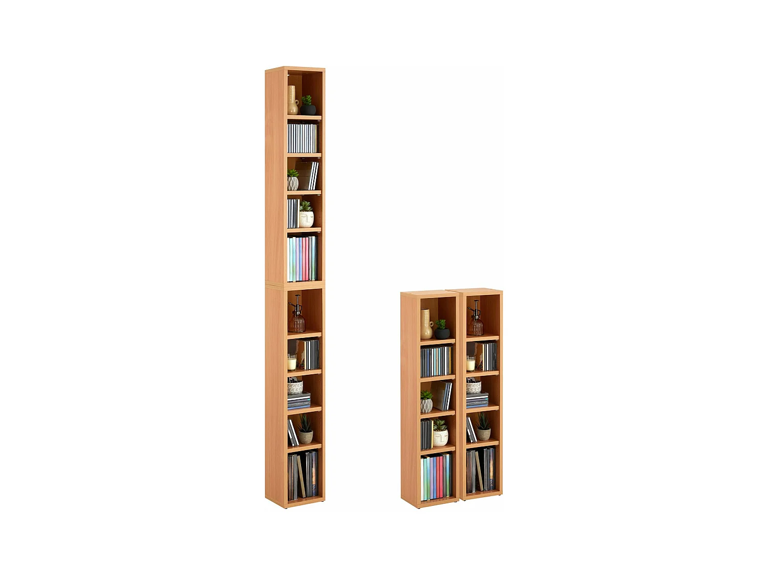 Etagères modulables MUSIQUE pour CD et DVD, lot de 2 meubles de rangement en colonne avec 10 compartiments en mélaminé couleur hêtre