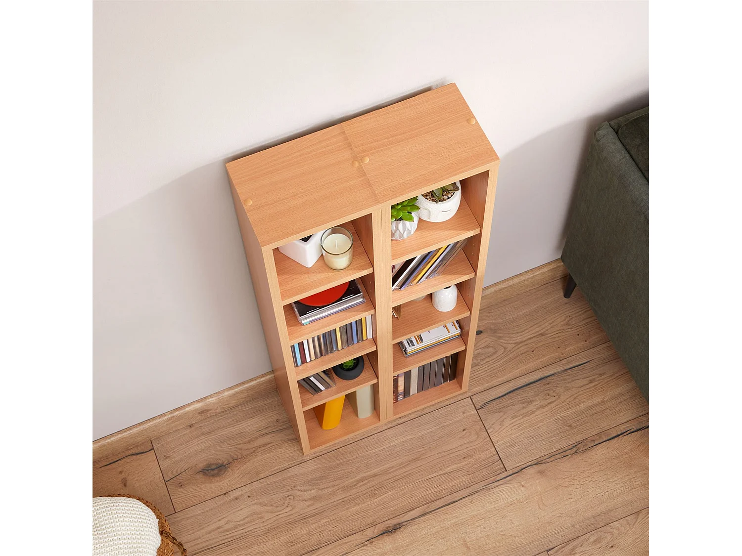 Etagères modulables MUSIQUE pour CD et DVD, lot de 2 meubles de rangement en colonne avec 10 compartiments en mélaminé couleur hêtre