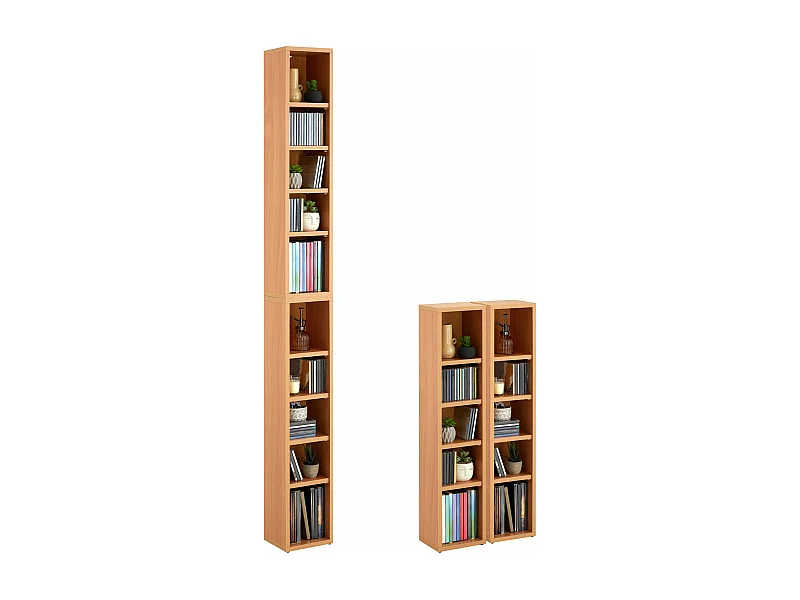 Etagères modulables MUSIQUE pour CD et DVD, lot de 2 meubles de rangement en colonne avec 10 compartiments en mélaminé couleur hêtre