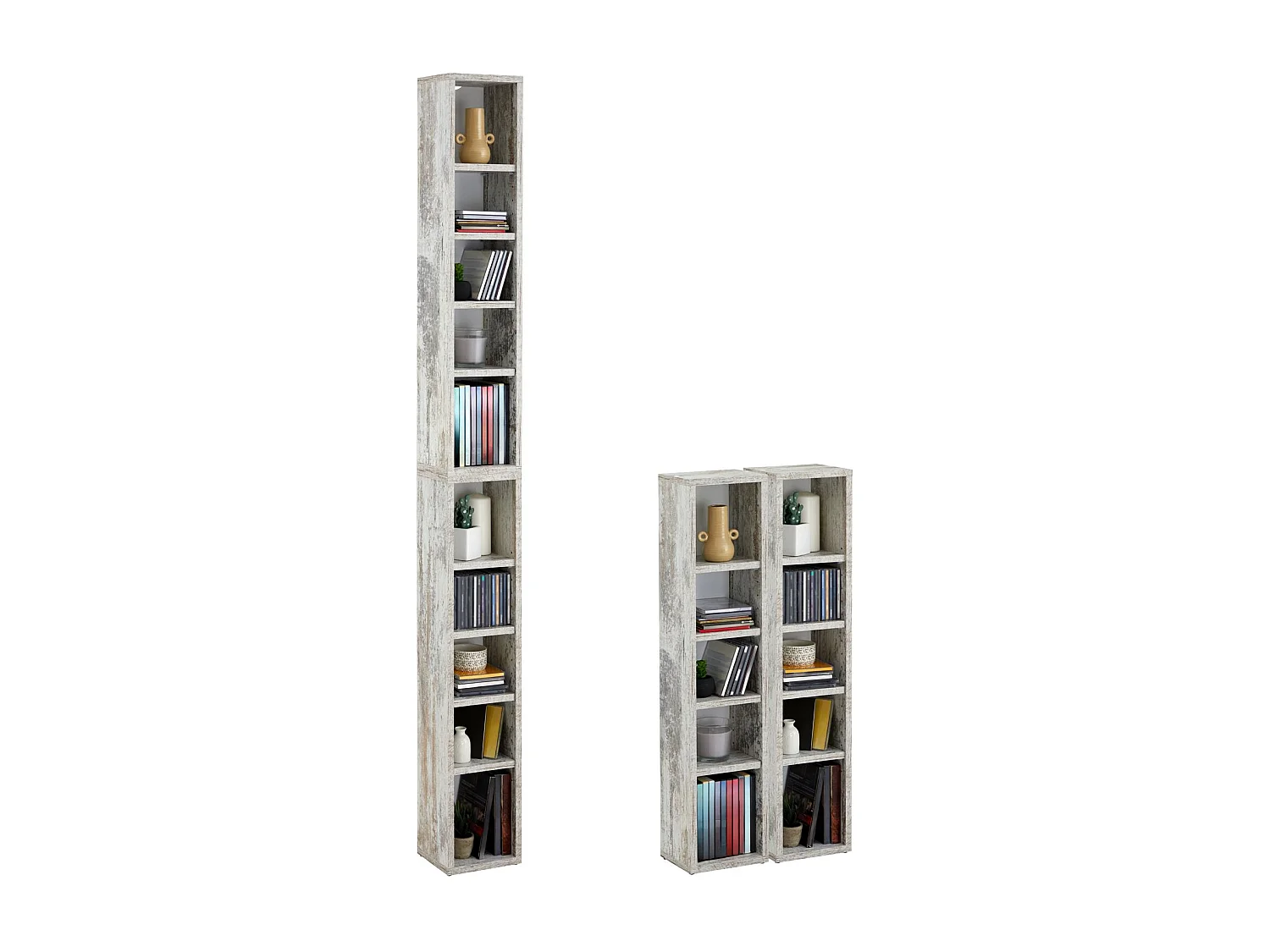 Etagères modulables MUSIQUE pour CD et DVD, lot de 2 meubles de rangement en colonne avec 10 compartiments, en mélaminé shabby chic