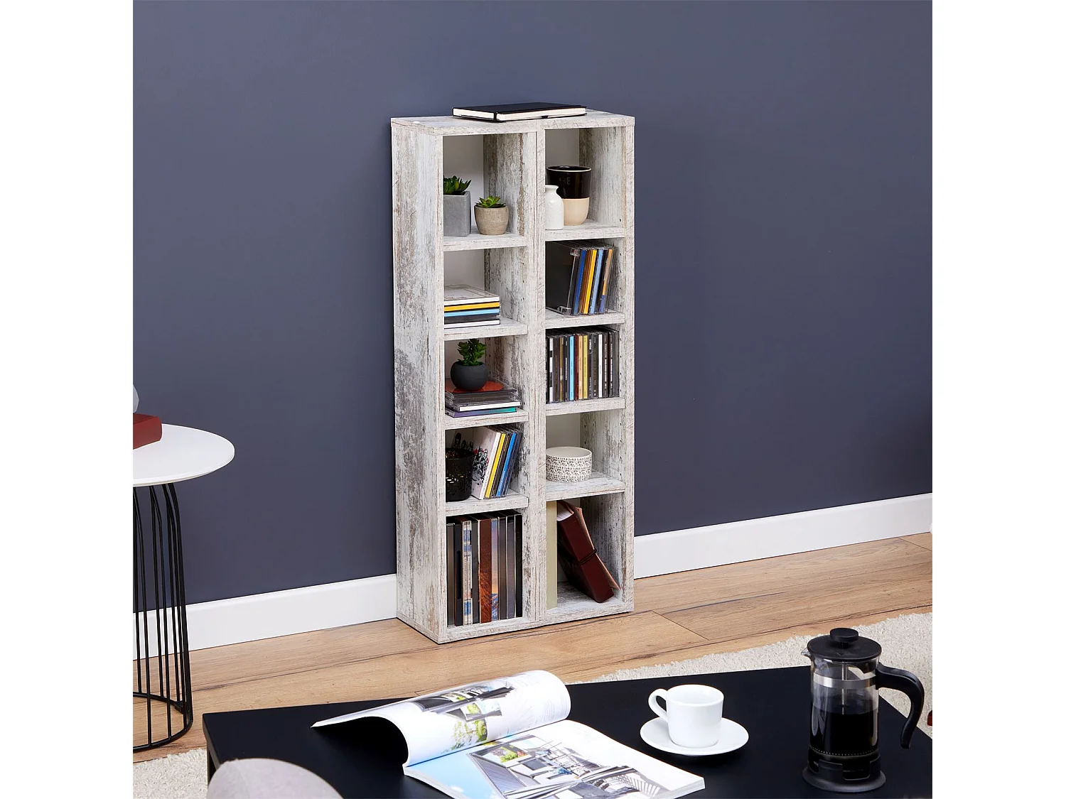 Etagères modulables MUSIQUE pour CD et DVD, lot de 2 meubles de rangement en colonne avec 10 compartiments, en mélaminé shabby chic