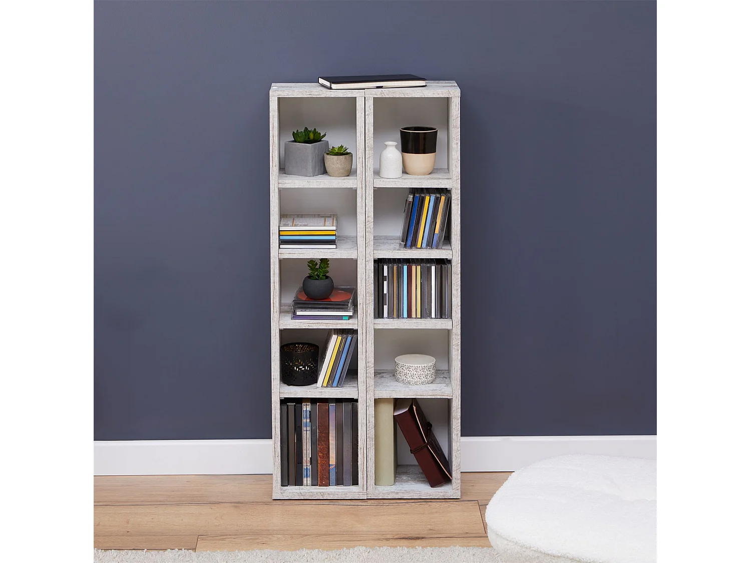 Etagères modulables MUSIQUE pour CD et DVD, lot de 2 meubles de rangement en colonne avec 10 compartiments, en mélaminé shabby chic