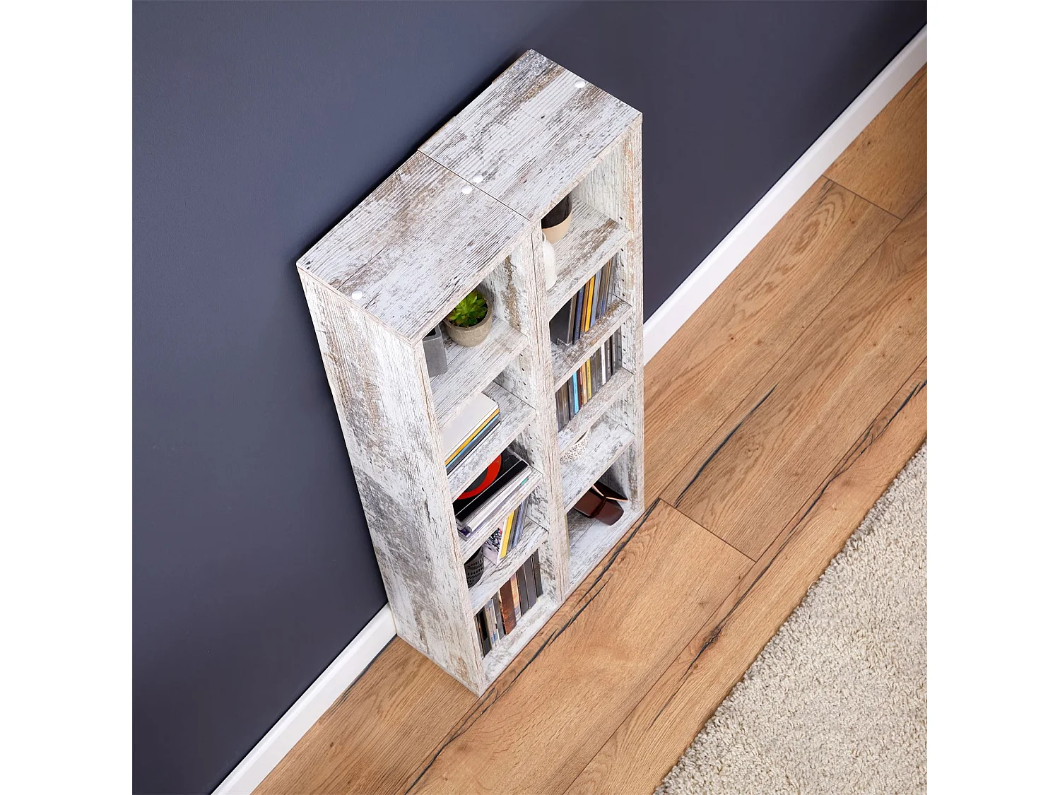 Etagères modulables MUSIQUE pour CD et DVD, lot de 2 meubles de rangement en colonne avec 10 compartiments, en mélaminé shabby chic