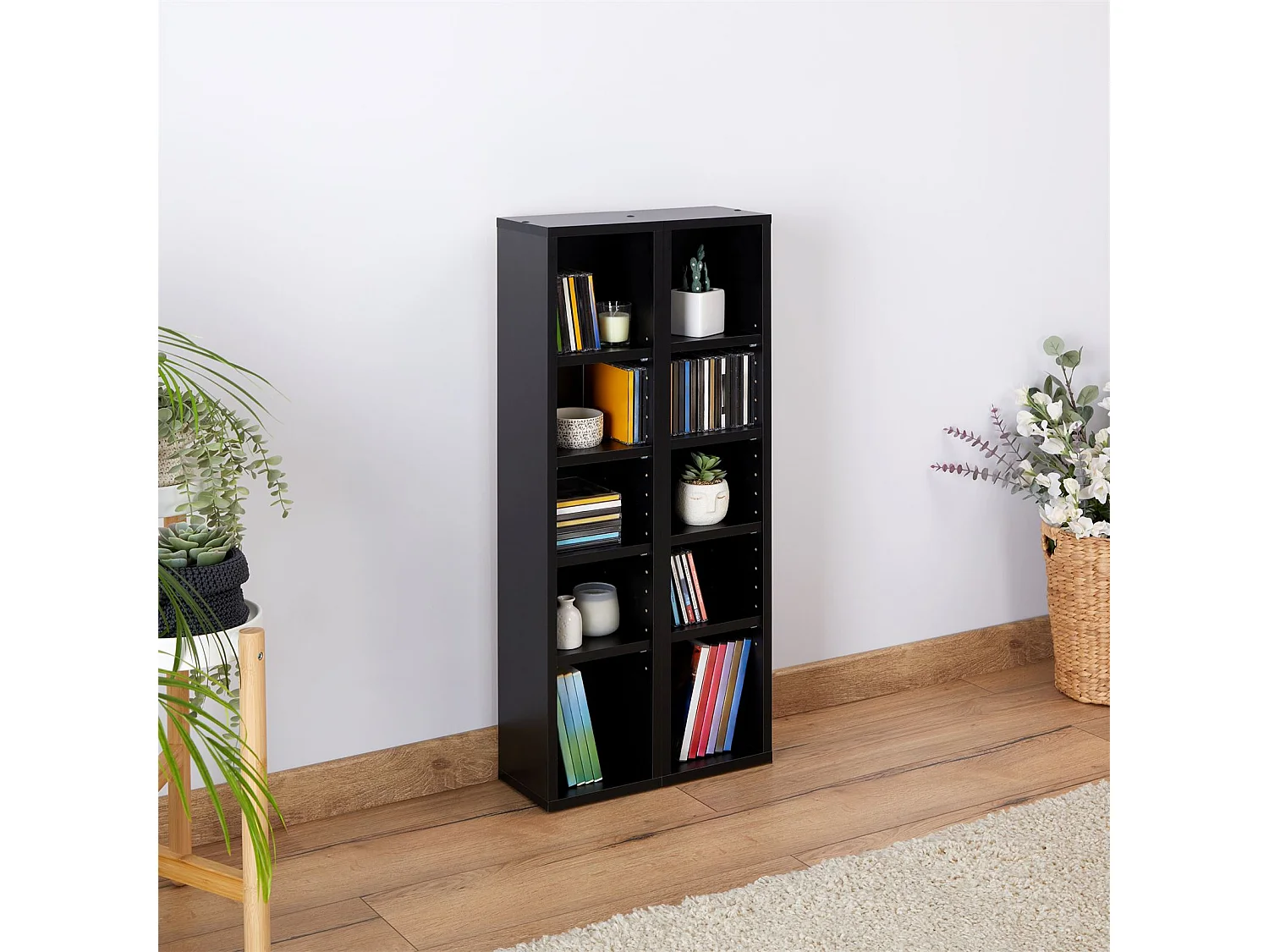 Etagères modulables MUSIQUE pour CD et DVD, lot de 2 meubles de rangement en colonne avec 10 compartiments, en mélaminé noir mat