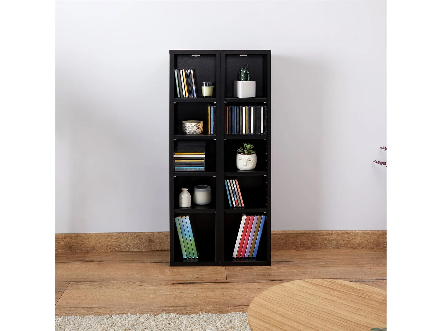 Etagères modulables MUSIQUE pour CD et DVD, lot de 2 meubles de rangement en colonne avec 10 compartiments, en mélaminé noir mat