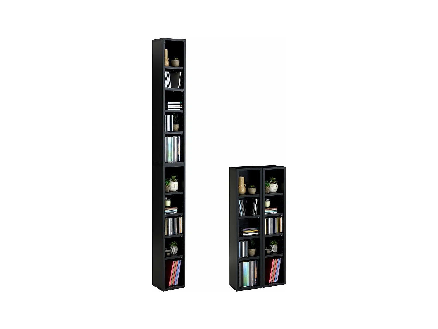 Etagères modulables MUSIQUE pour CD et DVD, lot de 2 meubles de rangement en colonne avec 10 compartiments, en mélaminé noir mat