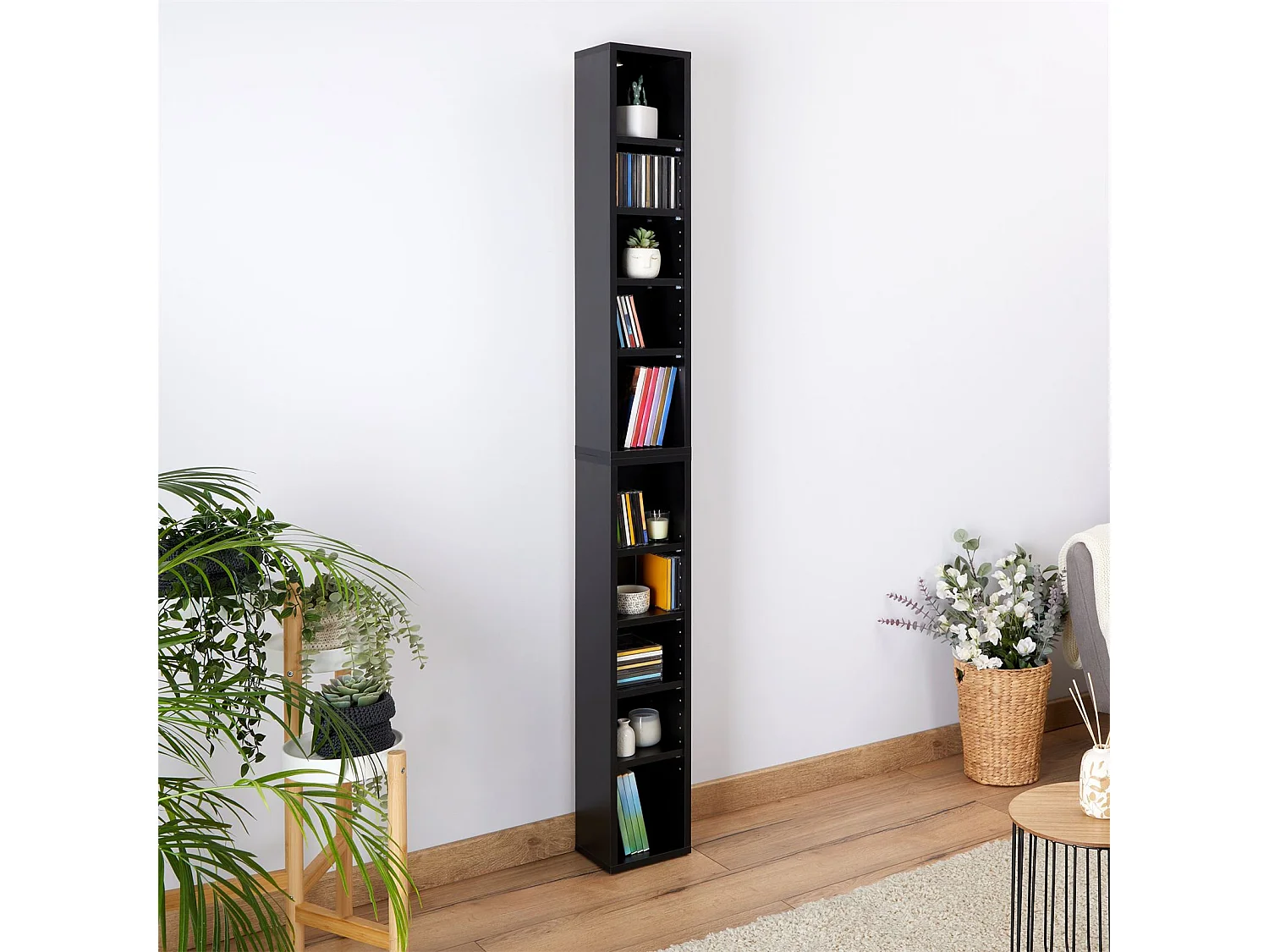 Etagères modulables MUSIQUE pour CD et DVD, lot de 2 meubles de rangement en colonne avec 10 compartiments, en mélaminé noir mat