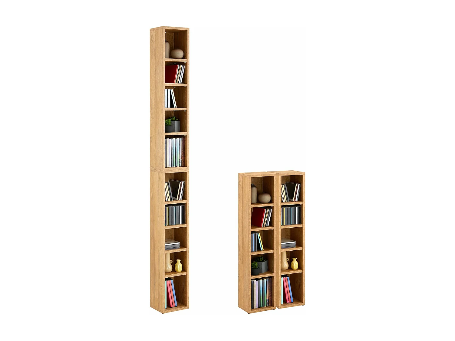 Etagères modulables MUSIQUE pour CD et DVD, lot de 2 meubles de rangement en colonne avec 10 compartiments, mélaminé chêne sauvage