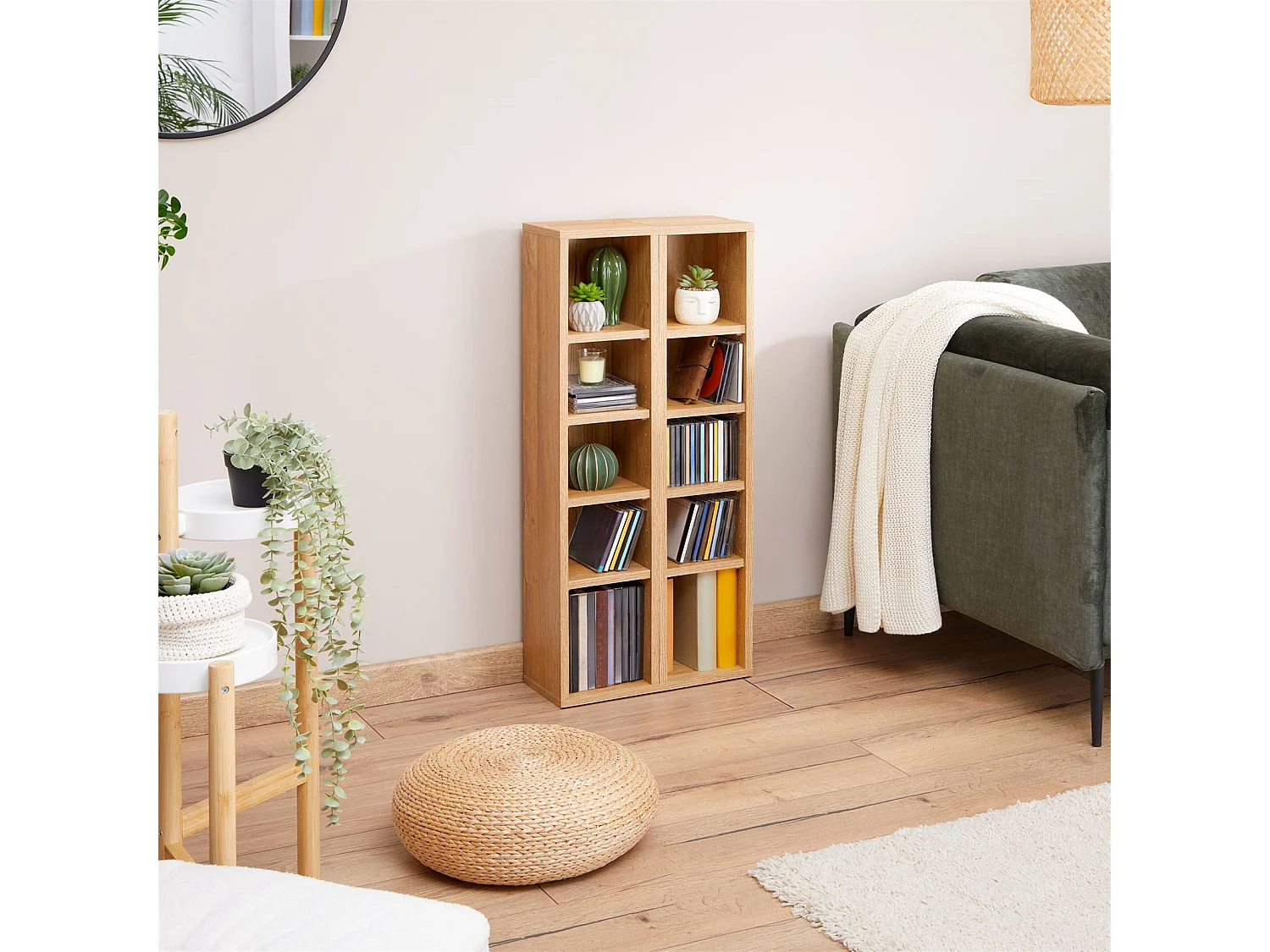 Etagères modulables MUSIQUE pour CD et DVD, lot de 2 meubles de rangement en colonne avec 10 compartiments, mélaminé chêne sauvage