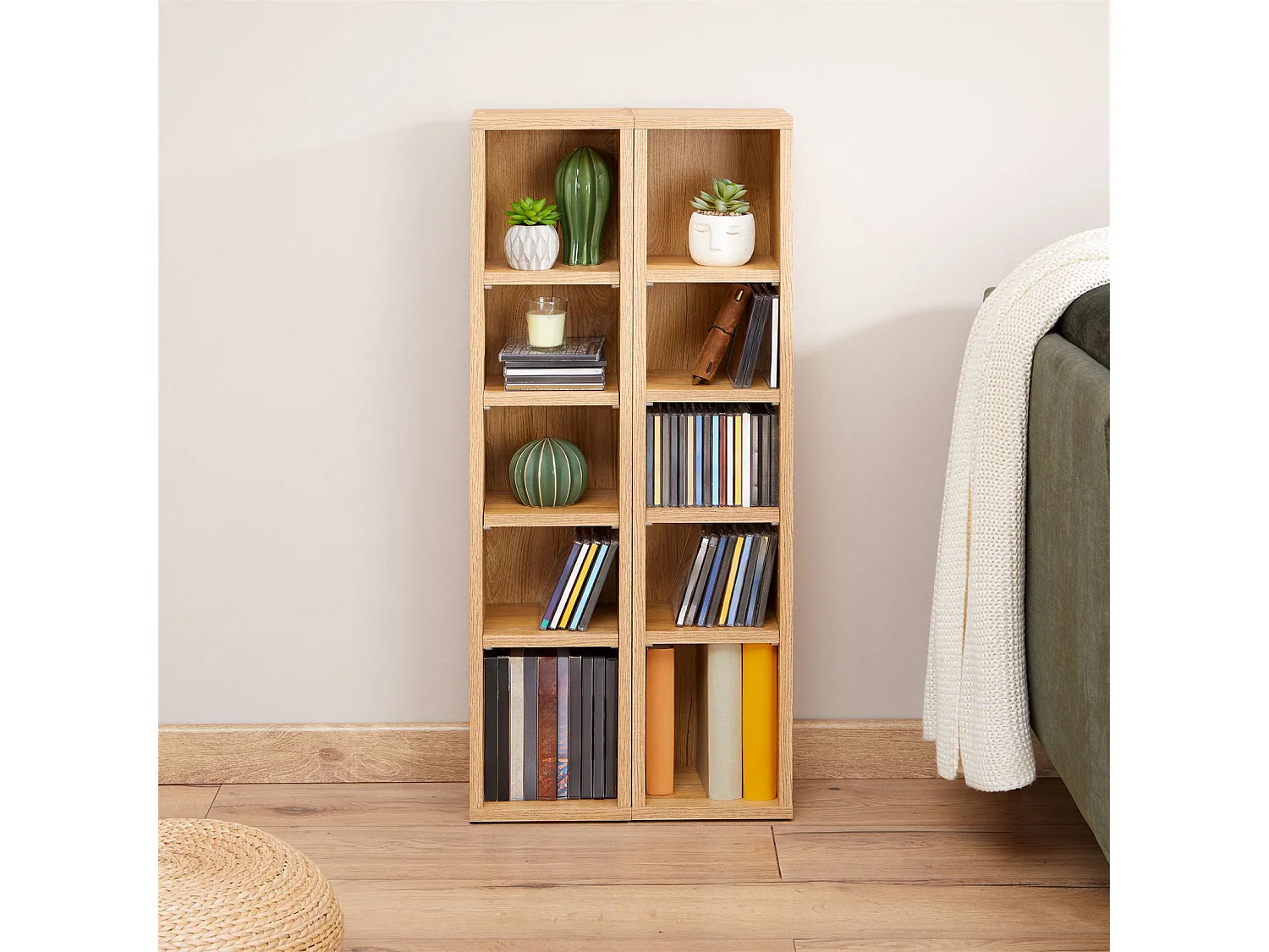 Etagères modulables MUSIQUE pour CD et DVD, lot de 2 meubles de rangement en colonne avec 10 compartiments, mélaminé chêne sauvage