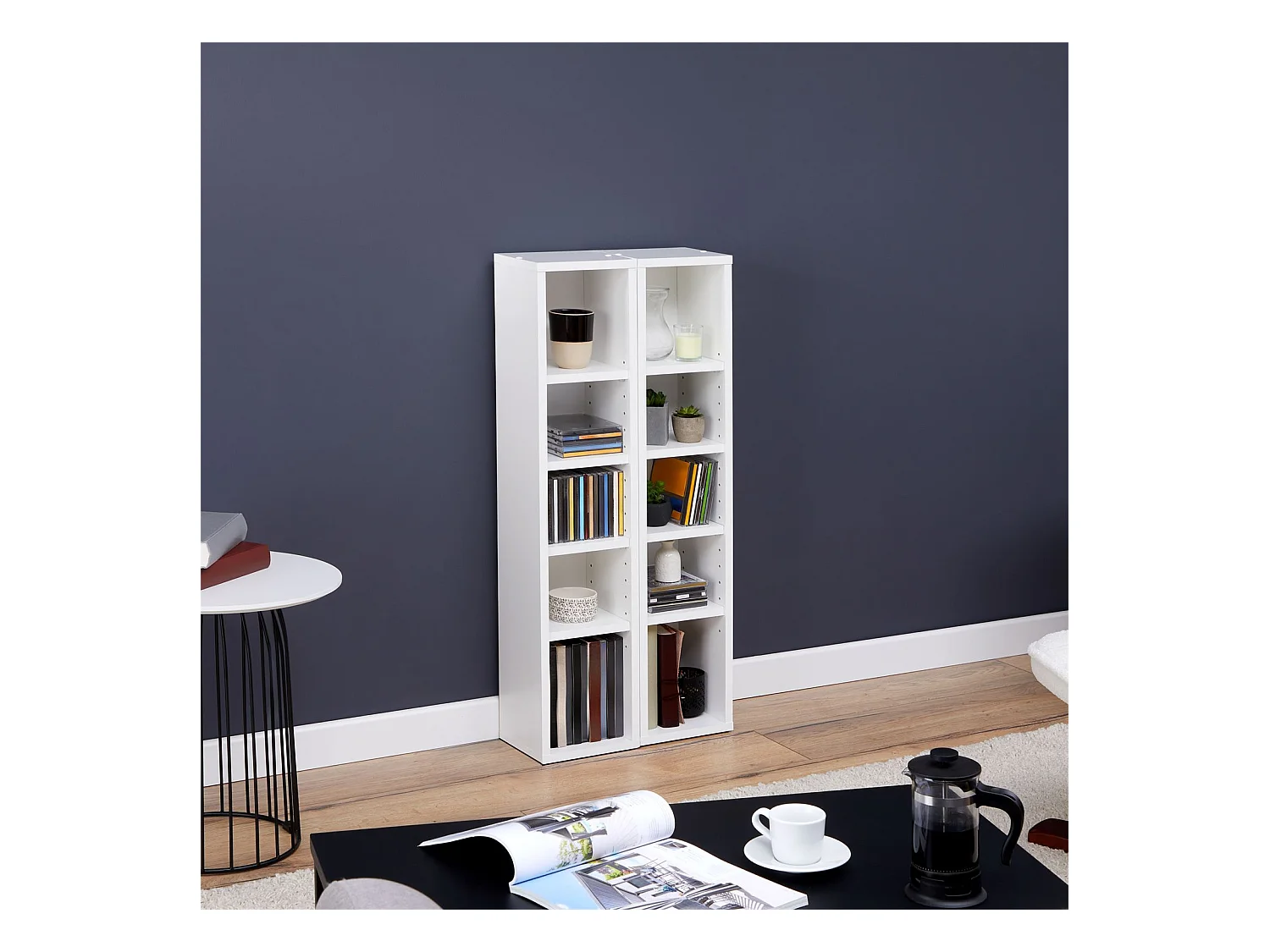 Etagères modulables MUSIQUE pour CD et DVD, lot de 2 meubles de rangement en colonne avec 10 compartiments, en mélaminé blanc mat