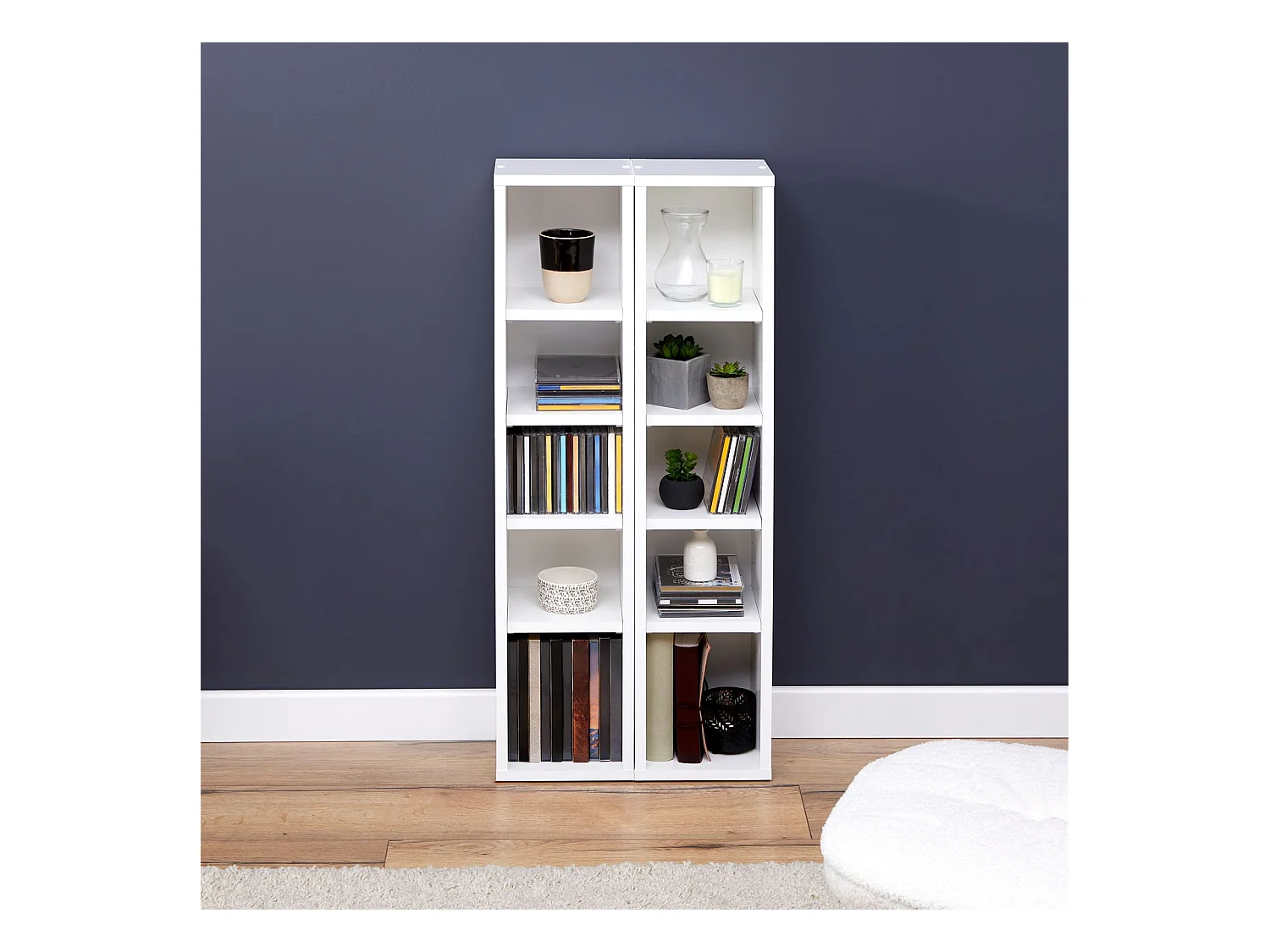 Etagères modulables MUSIQUE pour CD et DVD, lot de 2 meubles de rangement en colonne avec 10 compartiments, en mélaminé blanc mat