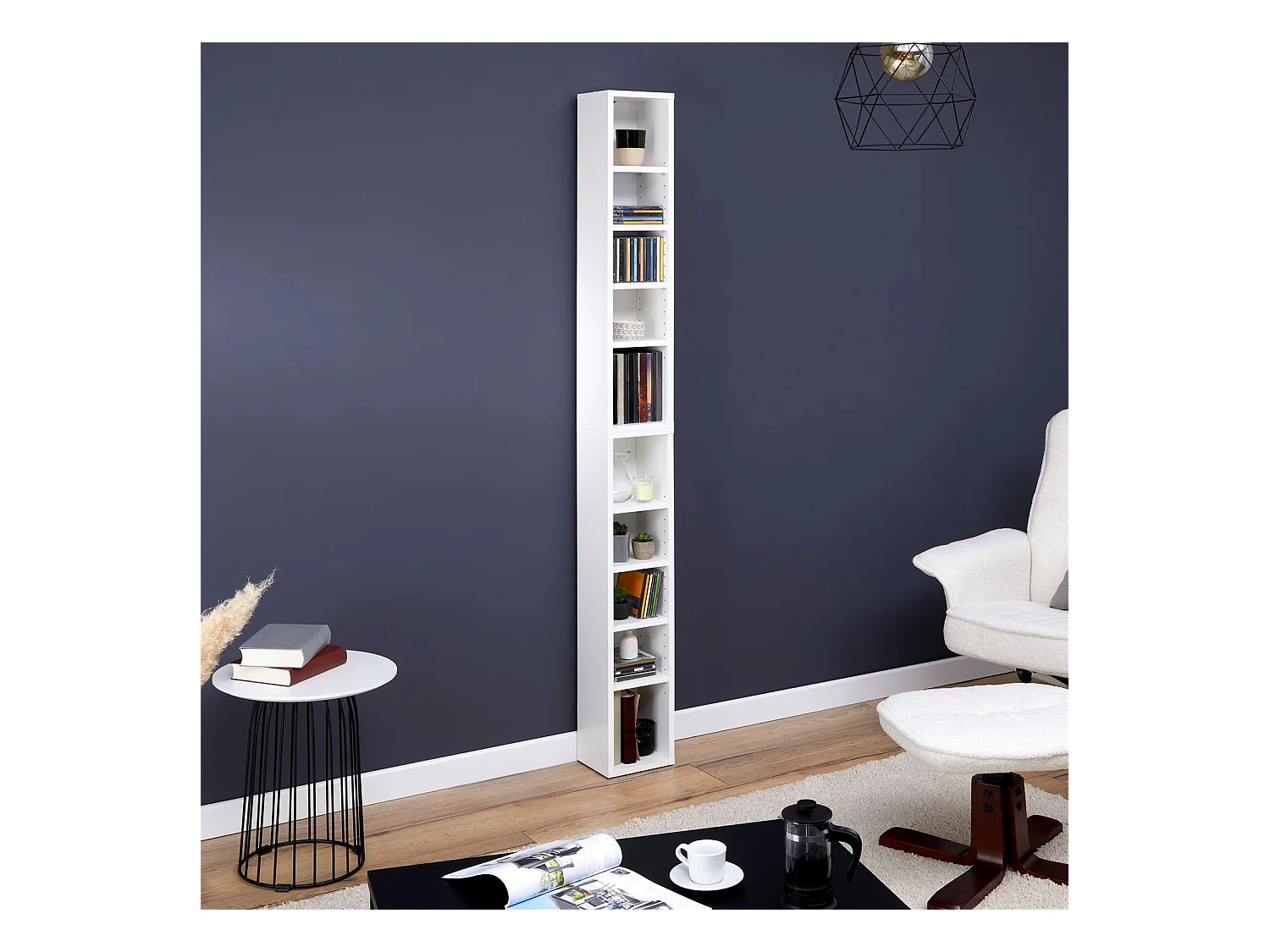 Etagères modulables MUSIQUE pour CD et DVD, lot de 2 meubles de rangement en colonne avec 10 compartiments, en mélaminé blanc mat