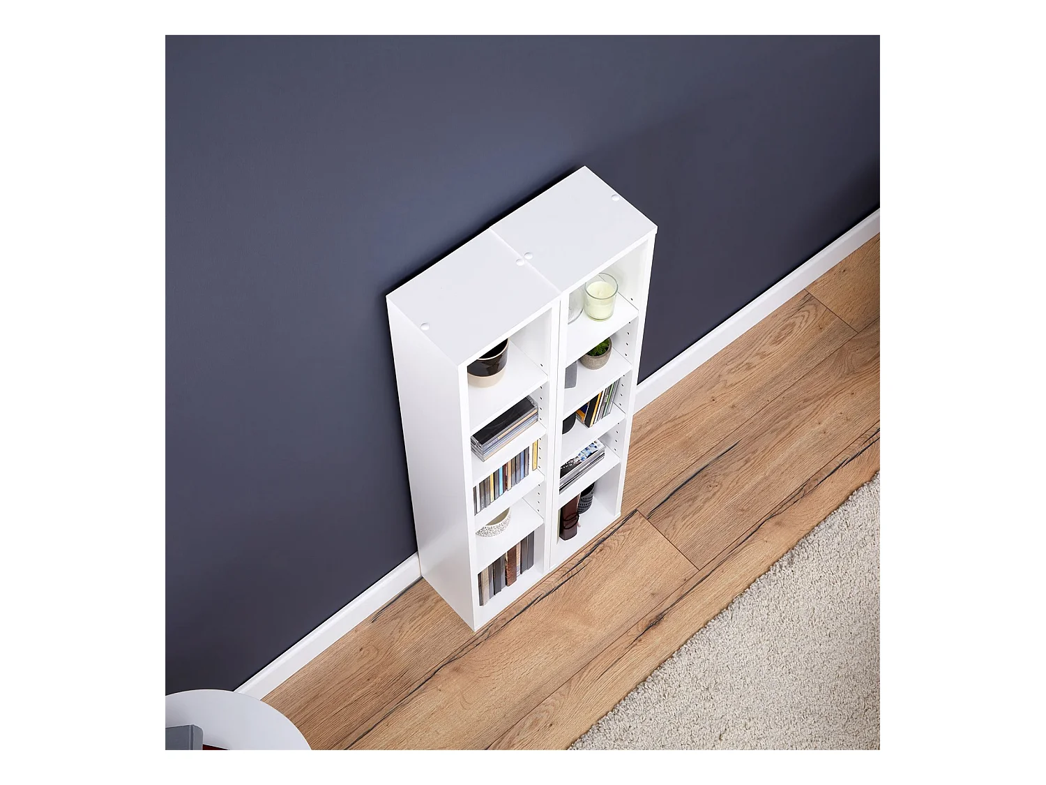 Etagères modulables MUSIQUE pour CD et DVD, lot de 2 meubles de rangement en colonne avec 10 compartiments, en mélaminé blanc mat