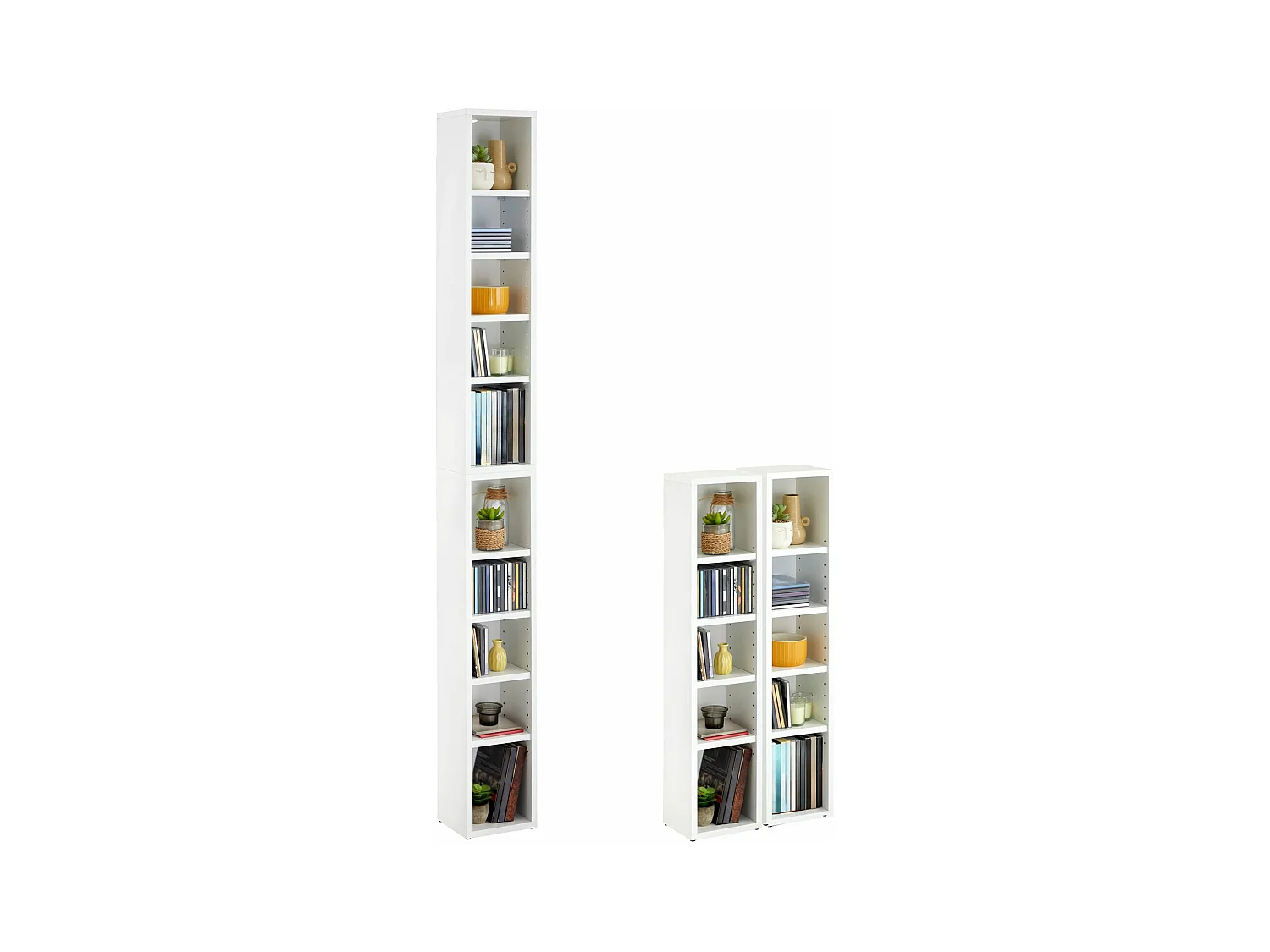 Etagères modulables MUSIQUE pour CD et DVD, lot de 2 meubles de rangement en colonne avec 10 compartiments, en mélaminé blanc mat