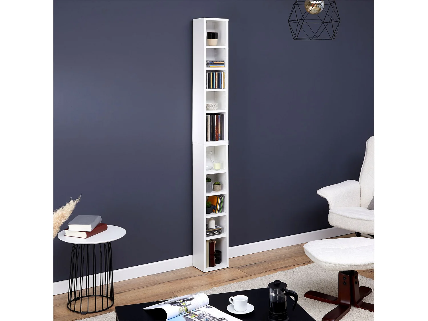 Etagères modulables MUSIQUE pour CD et DVD, lot de 2 meubles de rangement en colonne avec 10 compartiments, en mélaminé blanc mat