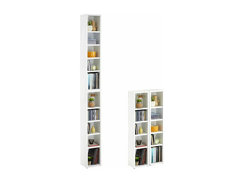 Etagères modulables MUSIQUE pour CD et DVD, lot de 2 meubles de rangement en colonne avec 10 compartiments, en mélaminé blanc mat