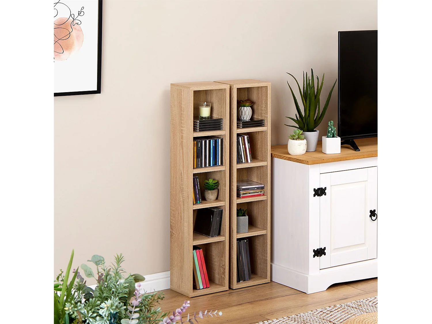 Etagères modulables MUSIQUE pour CD et DVD, lot de 2 meubles de rangement en colonne avec 10 compartiments, en mélaminé