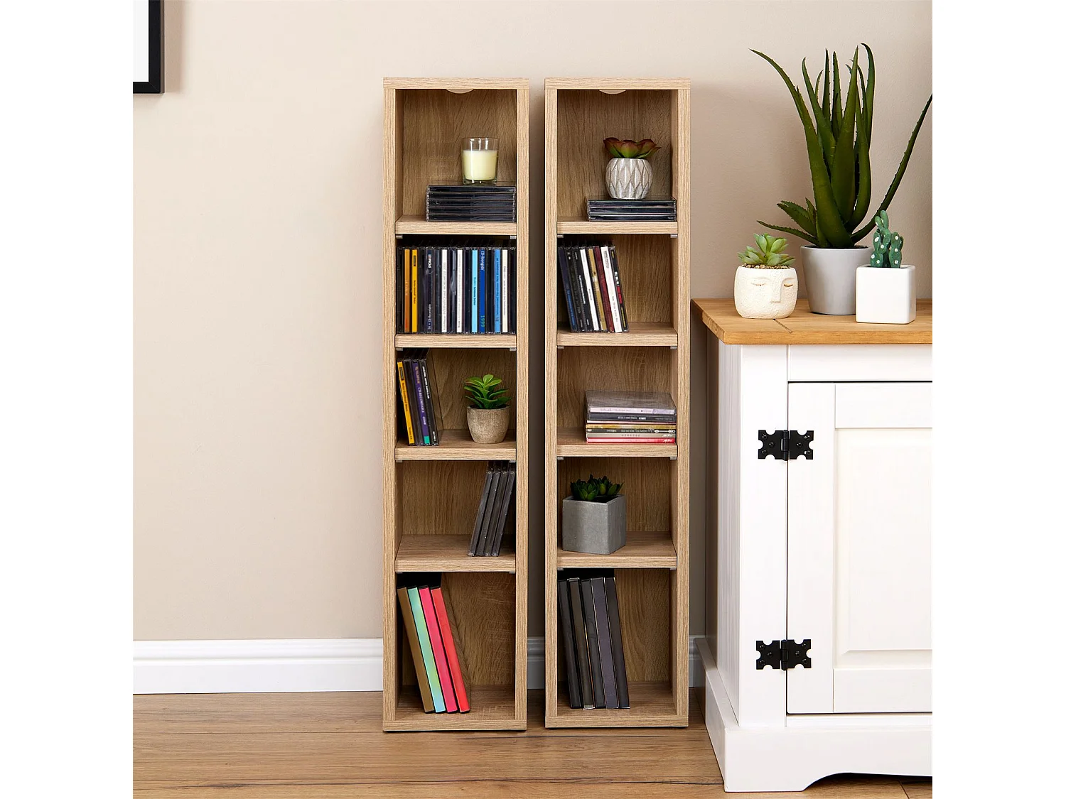 Etagères modulables MUSIQUE pour CD et DVD, lot de 2 meubles de rangement en colonne avec 10 compartiments, en mélaminé