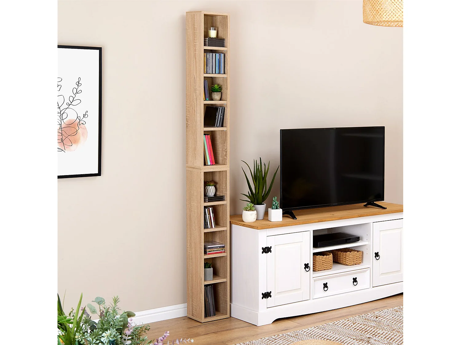 Etagères modulables MUSIQUE pour CD et DVD, lot de 2 meubles de rangement en colonne avec 10 compartiments, en mélaminé