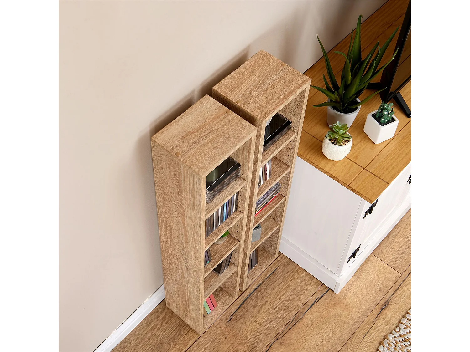 Etagères modulables MUSIQUE pour CD et DVD, lot de 2 meubles de rangement en colonne avec 10 compartiments, en mélaminé