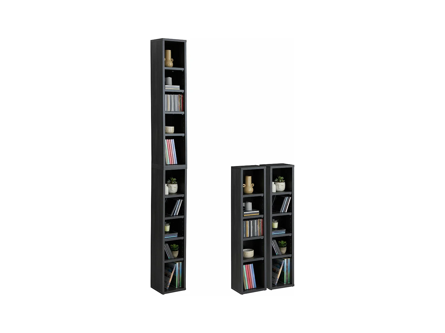 Etagères modulables MUSIQUE pour CD et DVD, lot de 2 meubles de rangement en colonne avec 10 compartiments, en mélaminé gris cendré