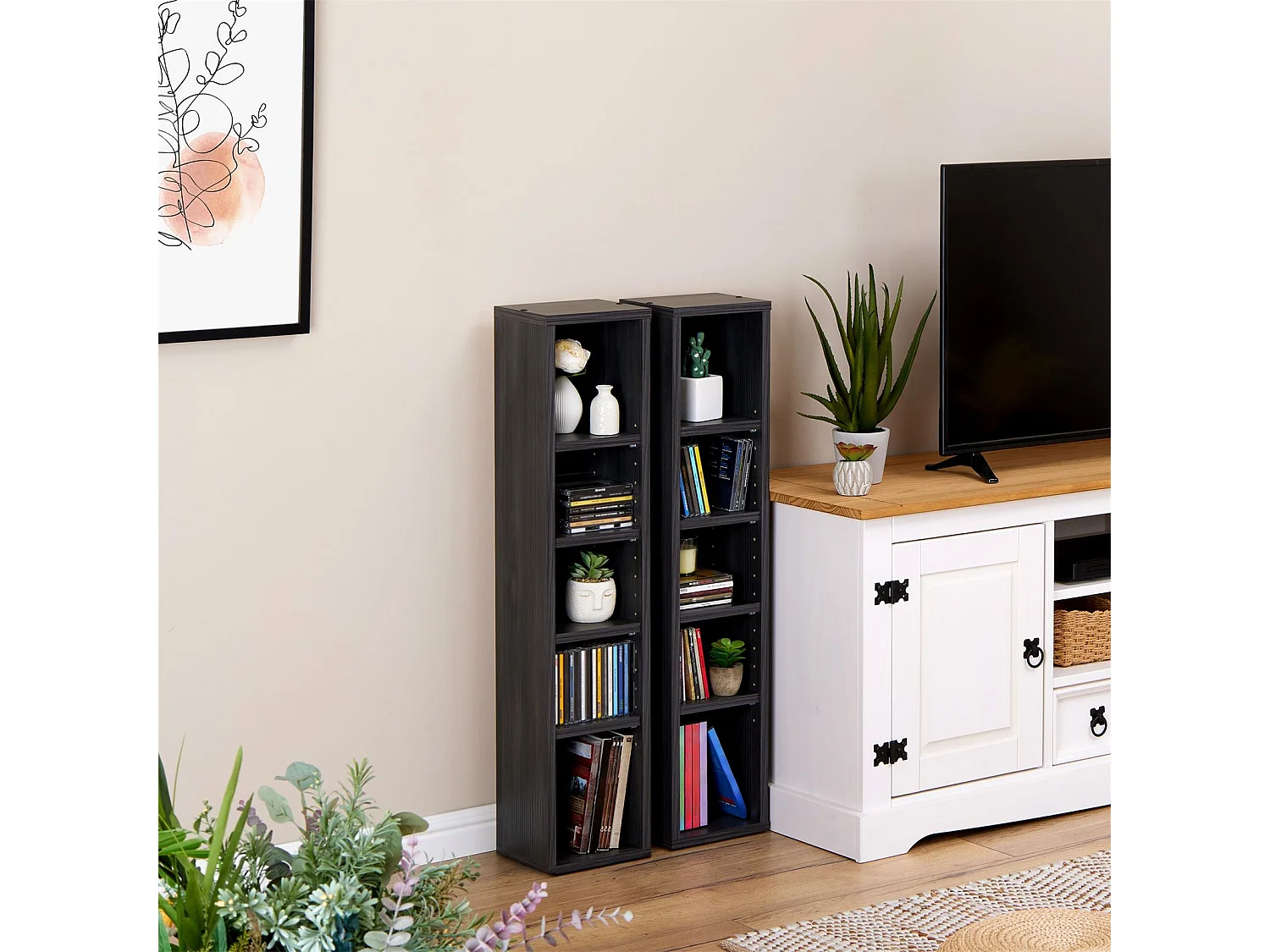 Etagères modulables MUSIQUE pour CD et DVD, lot de 2 meubles de rangement en colonne avec 10 compartiments, en mélaminé gris cendré