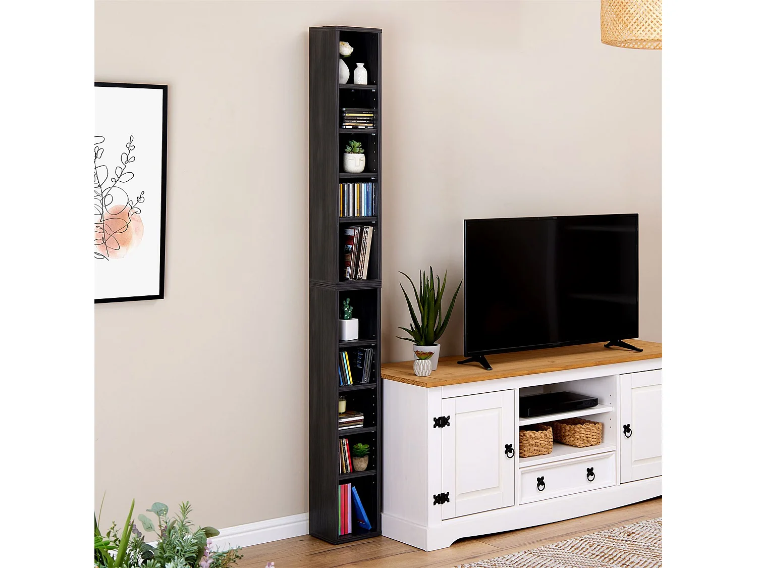 Etagères modulables MUSIQUE pour CD et DVD, lot de 2 meubles de rangement en colonne avec 10 compartiments, en mélaminé gris cendré