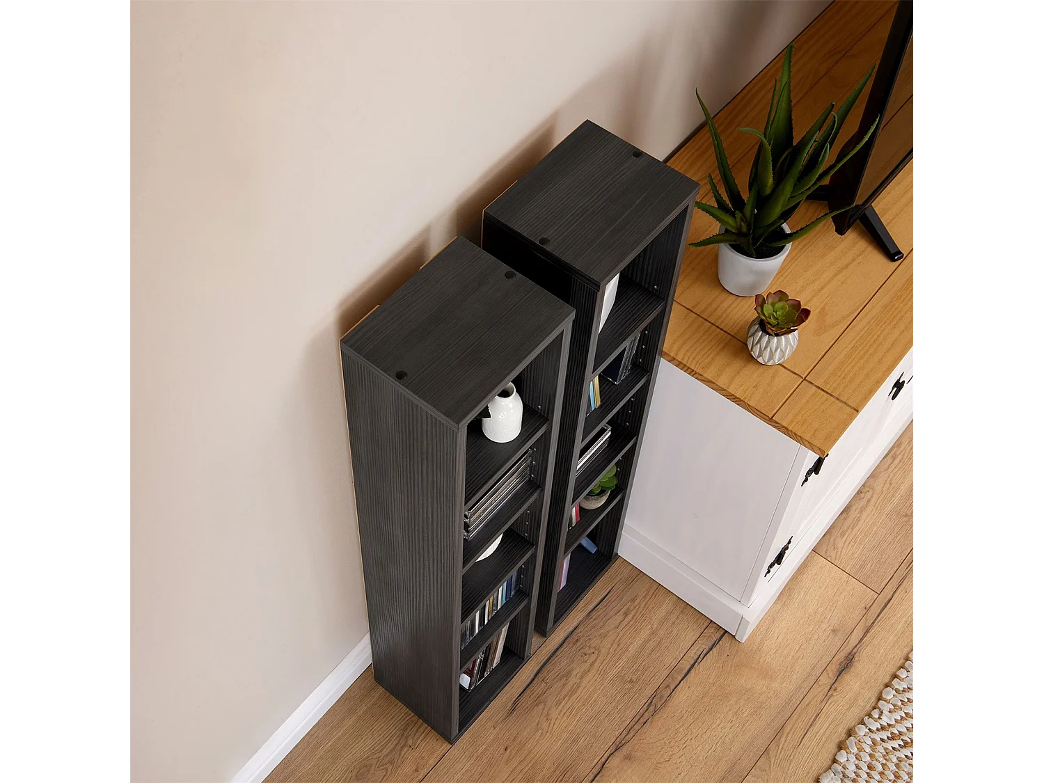 Etagères modulables MUSIQUE pour CD et DVD, lot de 2 meubles de rangement en colonne avec 10 compartiments, en mélaminé gris cendré