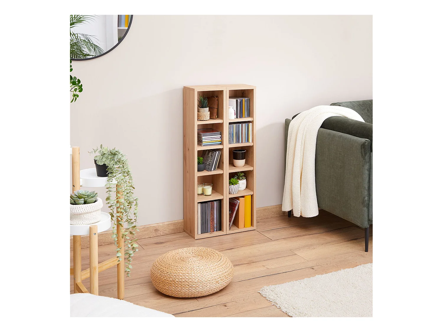 Etagères modulables MUSIQUE pour CD et DVD, lot de 2 meubles de rangement en colonne, 10 compartiments, en mélaminé chêne artisan