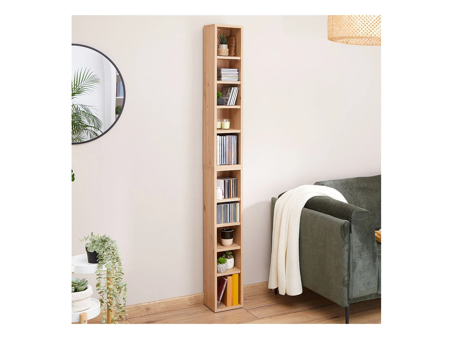 Etagères modulables MUSIQUE pour CD et DVD, lot de 2 meubles de rangement en colonne, 10 compartiments, en mélaminé chêne artisan