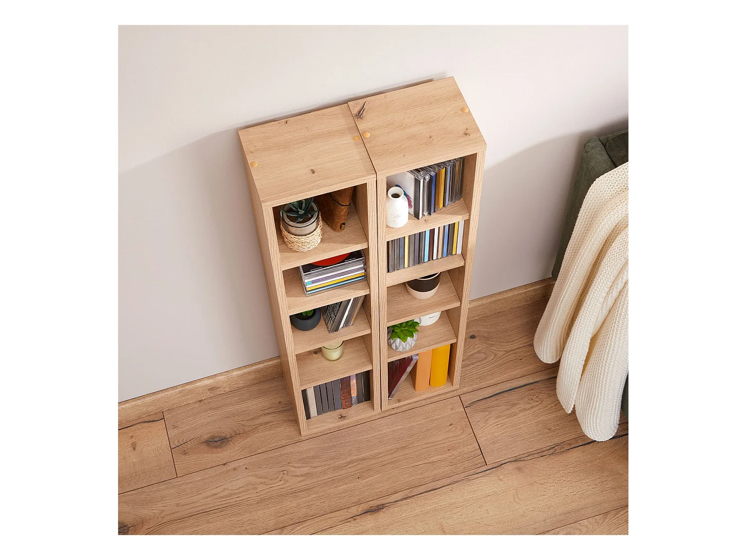 Etagères modulables MUSIQUE pour CD et DVD, lot de 2 meubles de rangement en colonne, 10 compartiments, en mélaminé chêne artisan