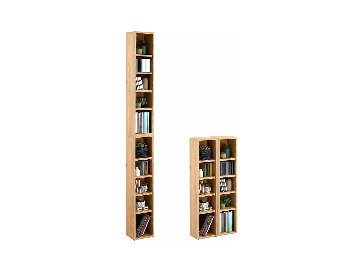 Etagères modulables MUSIQUE pour CD et DVD, lot de 2 meubles de rangement en colonne, 10 compartiments, en mélaminé chêne artisan