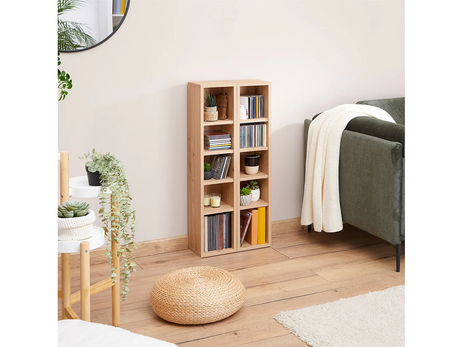 Etagères modulables MUSIQUE pour CD et DVD, lot de 2 meubles de rangement en colonne, 10 compartiments, en mélaminé chêne artisan