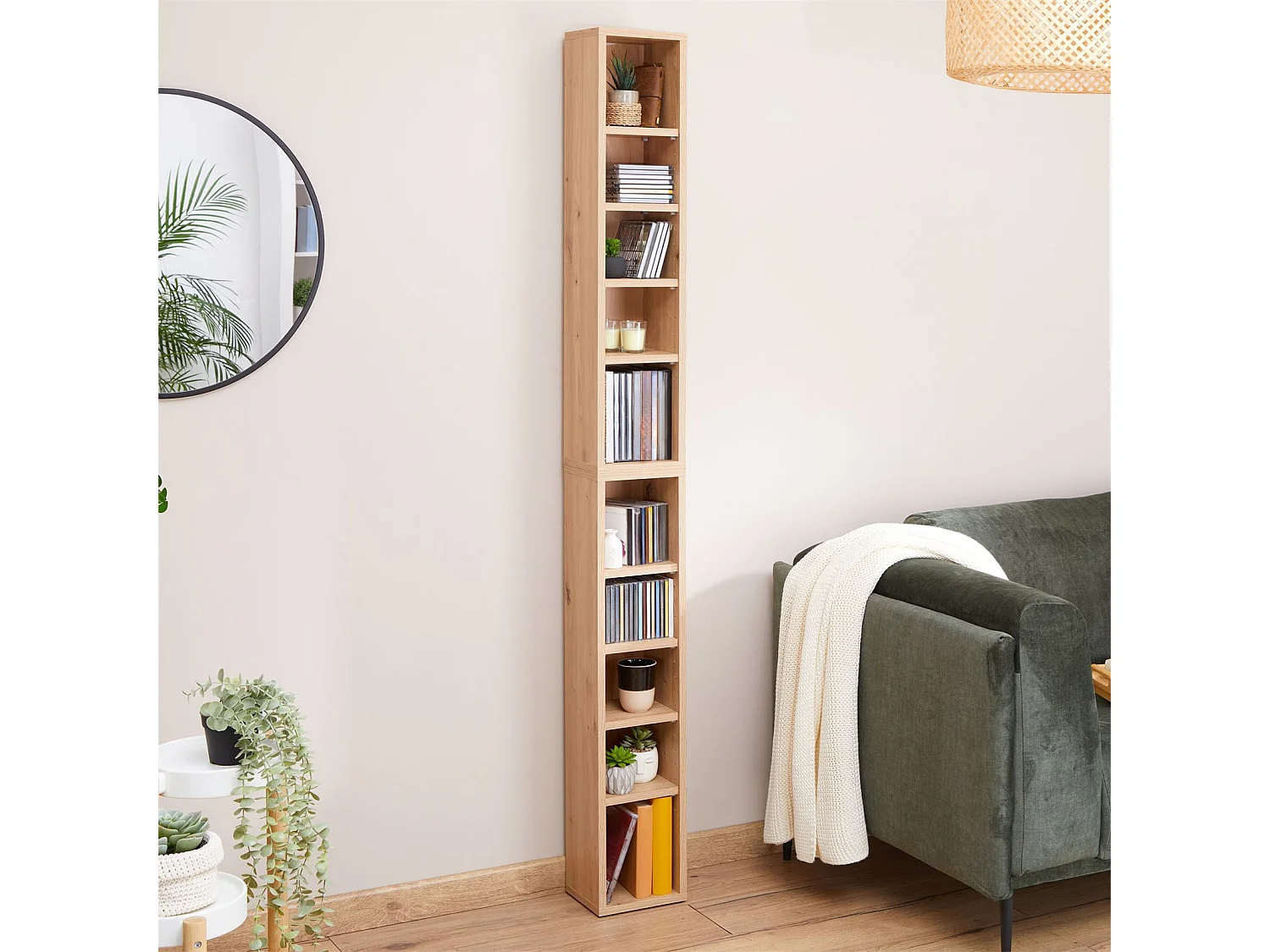 Etagères modulables MUSIQUE pour CD et DVD, lot de 2 meubles de rangement en colonne, 10 compartiments, en mélaminé chêne artisan