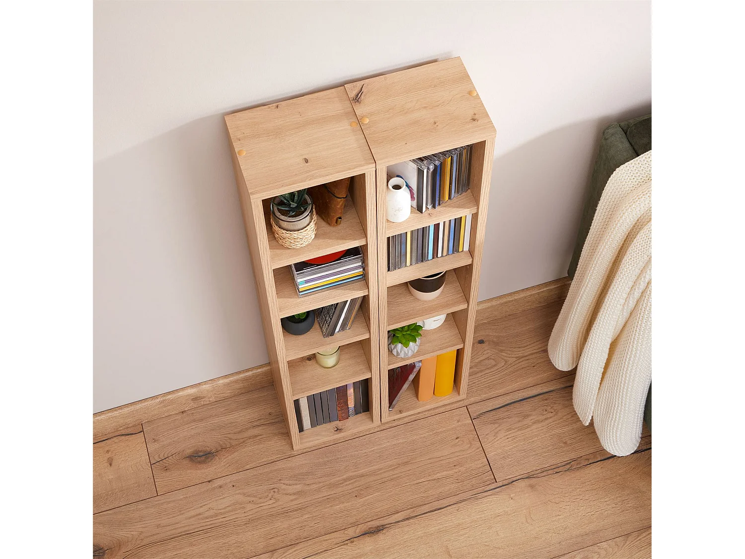 Etagères modulables MUSIQUE pour CD et DVD, lot de 2 meubles de rangement en colonne, 10 compartiments, en mélaminé chêne artisan