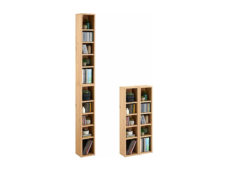Etagères modulables MUSIQUE pour CD et DVD, lot de 2 meubles de rangement en colonne, 10 compartiments, en mélaminé chêne artisan