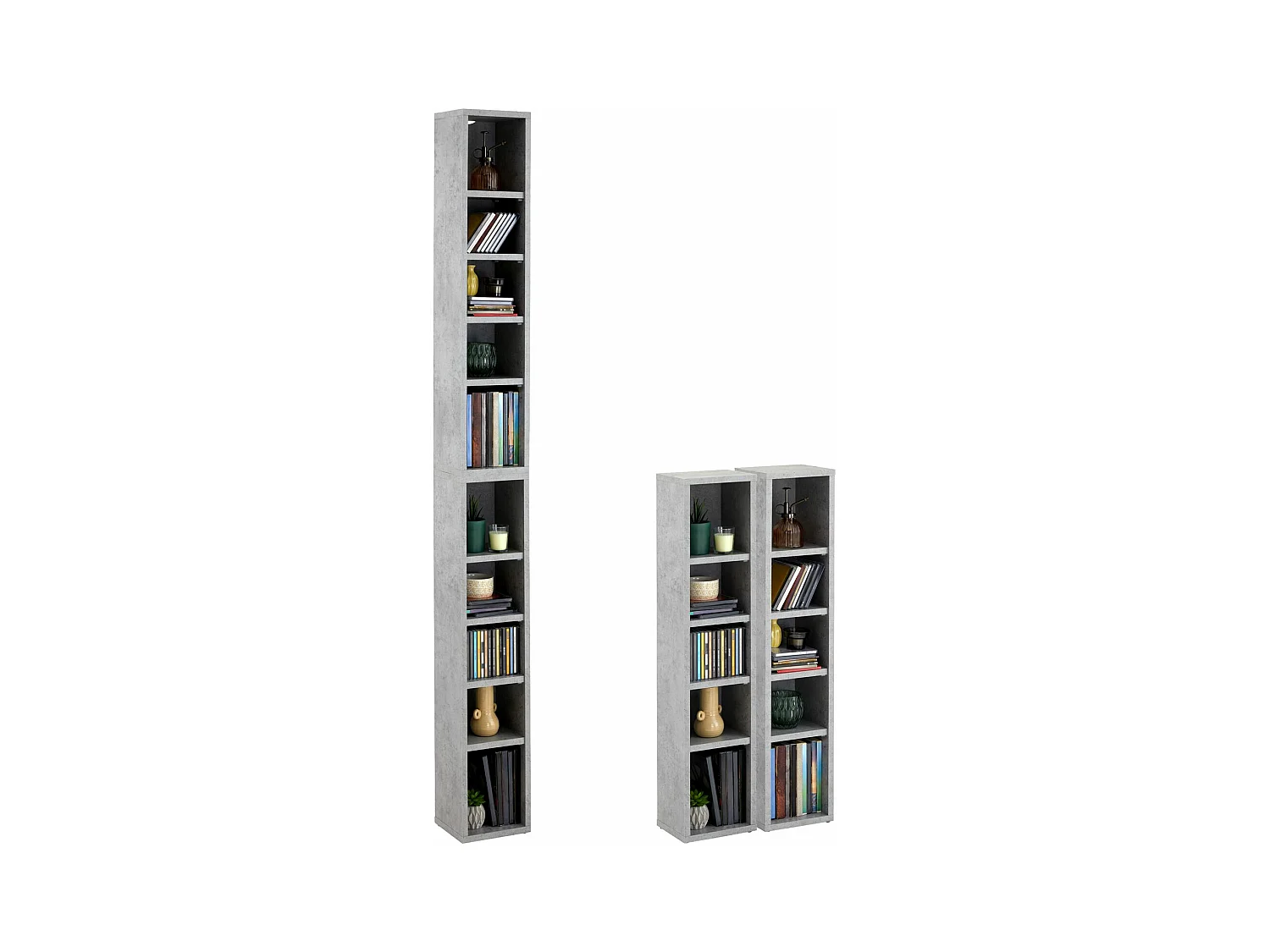 Etagères modulables MUSIQUE pour CD et DVD, lot de 2 meubles de rangement en colonne avec 10 compartiments, en mélaminé décor béton