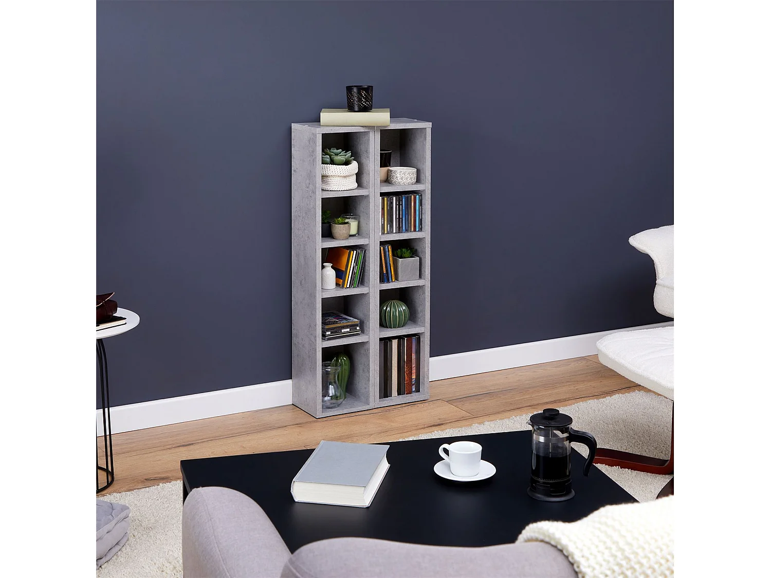 Etagères modulables MUSIQUE pour CD et DVD, lot de 2 meubles de rangement en colonne avec 10 compartiments, en mélaminé décor béton