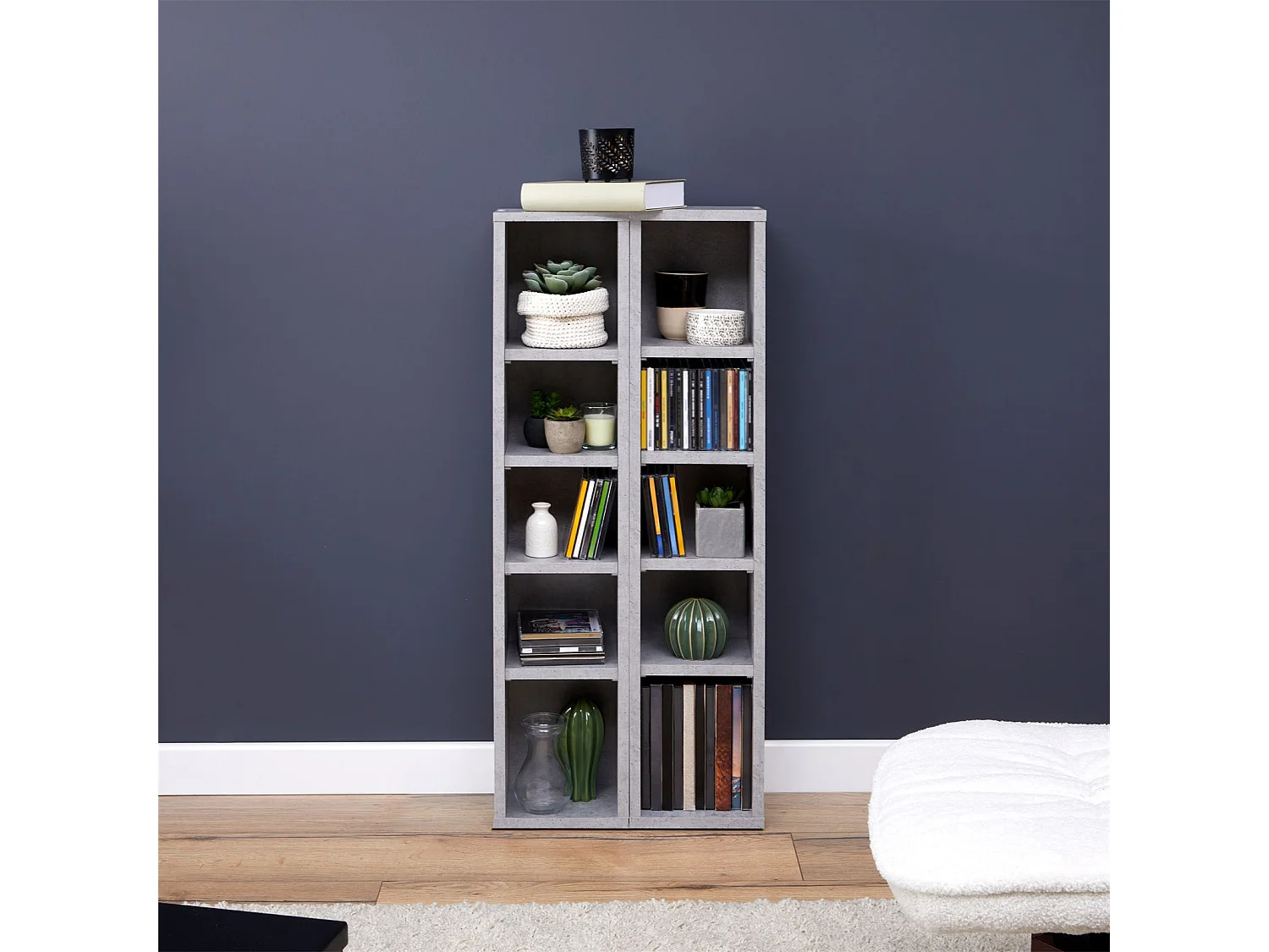 Etagères modulables MUSIQUE pour CD et DVD, lot de 2 meubles de rangement en colonne avec 10 compartiments, en mélaminé décor béton