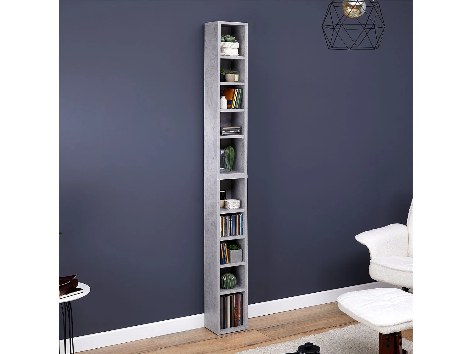 Etagères modulables MUSIQUE pour CD et DVD, lot de 2 meubles de rangement en colonne avec 10 compartiments, en mélaminé décor béton