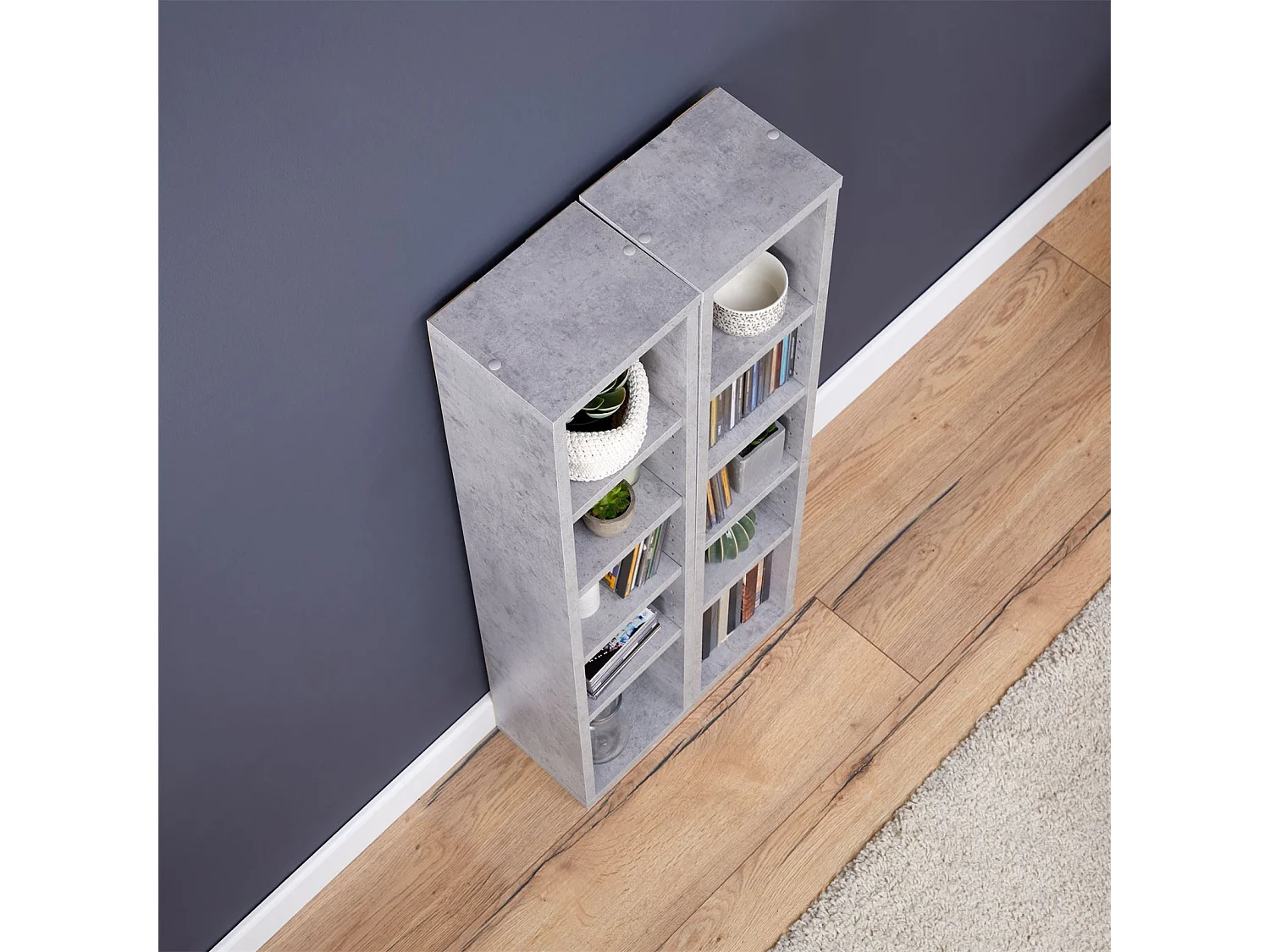 Etagères modulables MUSIQUE pour CD et DVD, lot de 2 meubles de rangement en colonne avec 10 compartiments, en mélaminé décor béton