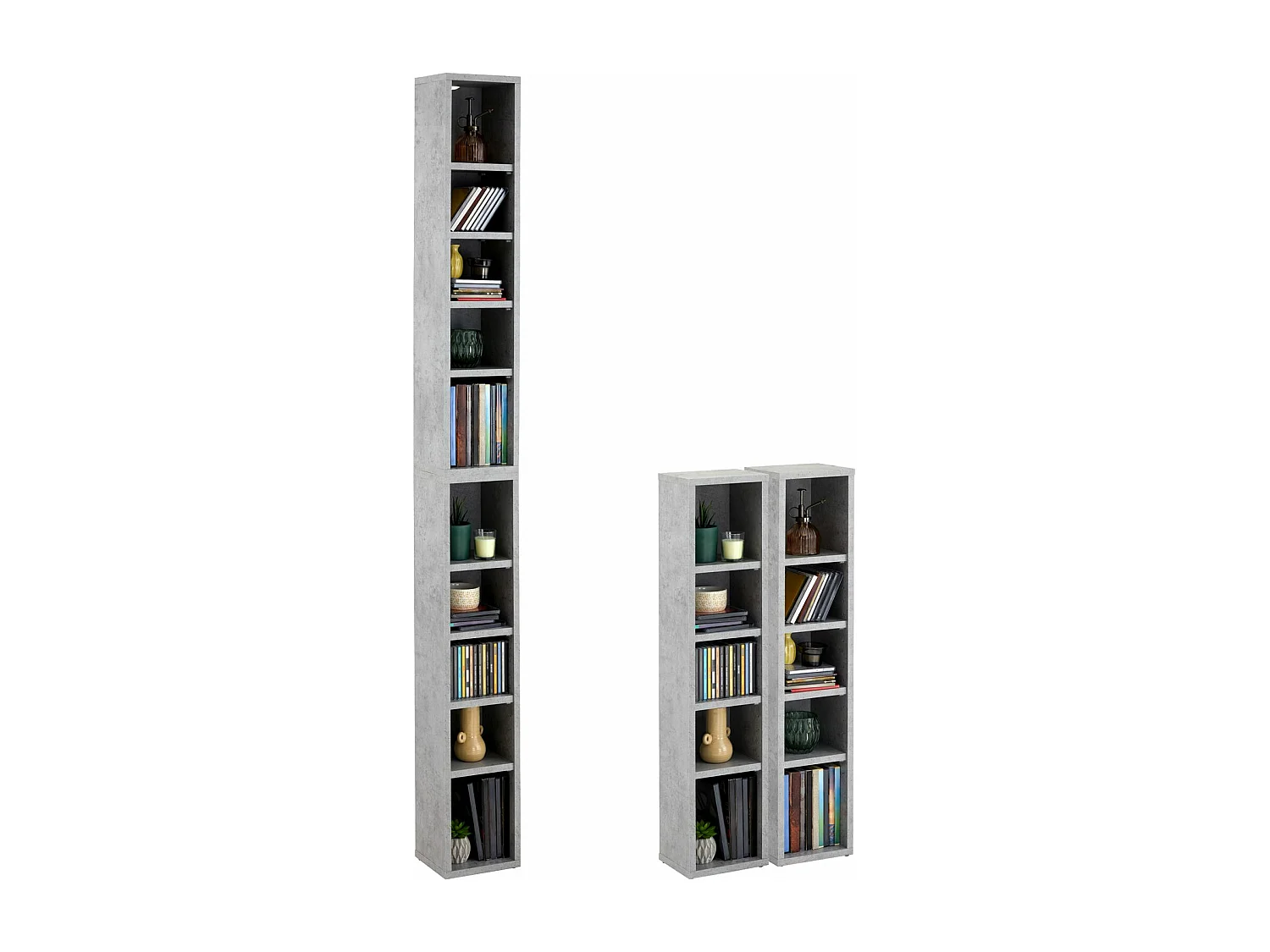Etagères modulables MUSIQUE pour CD et DVD, lot de 2 meubles de rangement en colonne avec 10 compartiments, en mélaminé décor béton