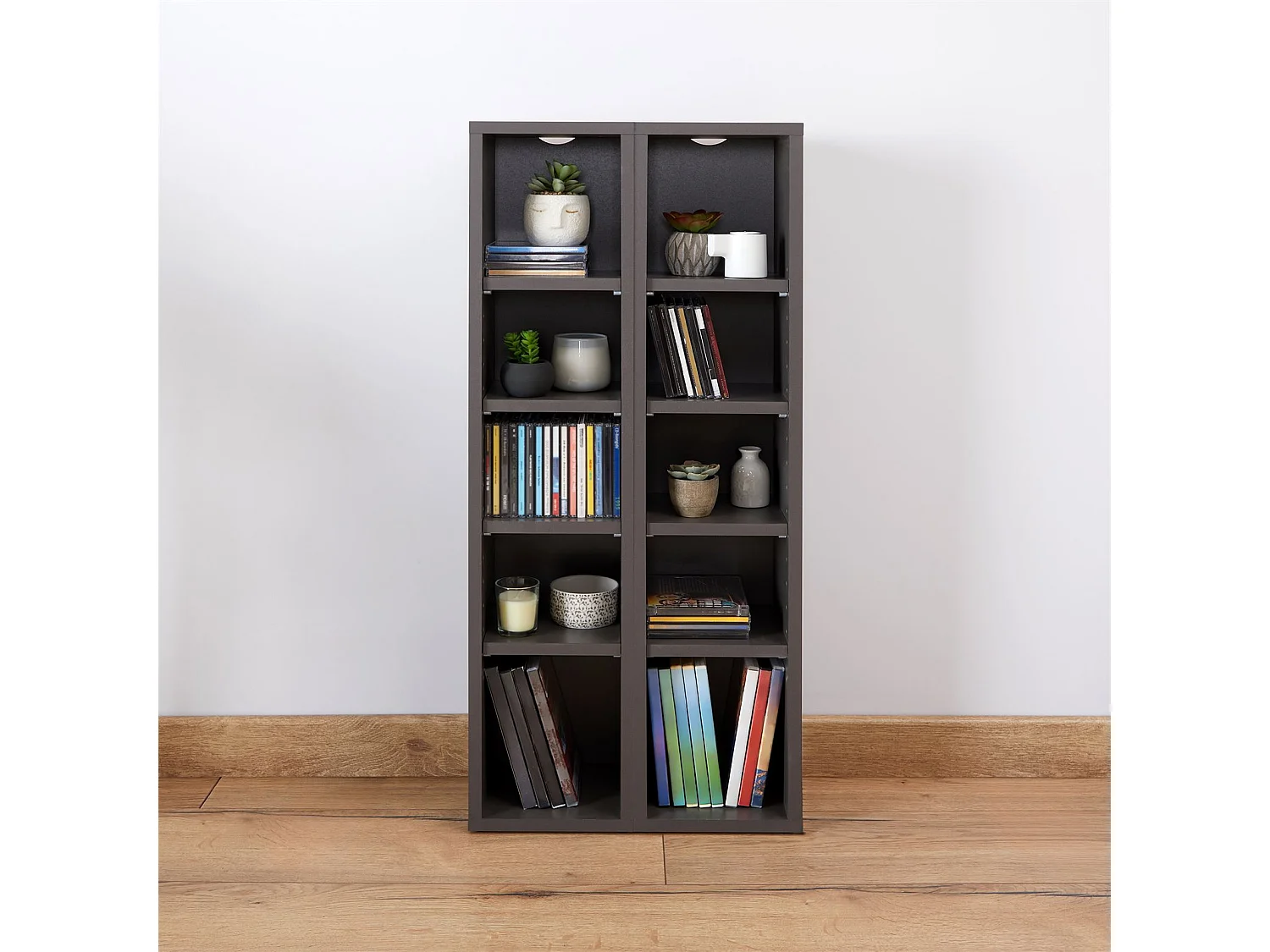Etagères modulables MUSIQUE pour CD et DVD, lot de 2 meubles de rangement en colonne avec 10 compartiments, en mélaminé gris mat