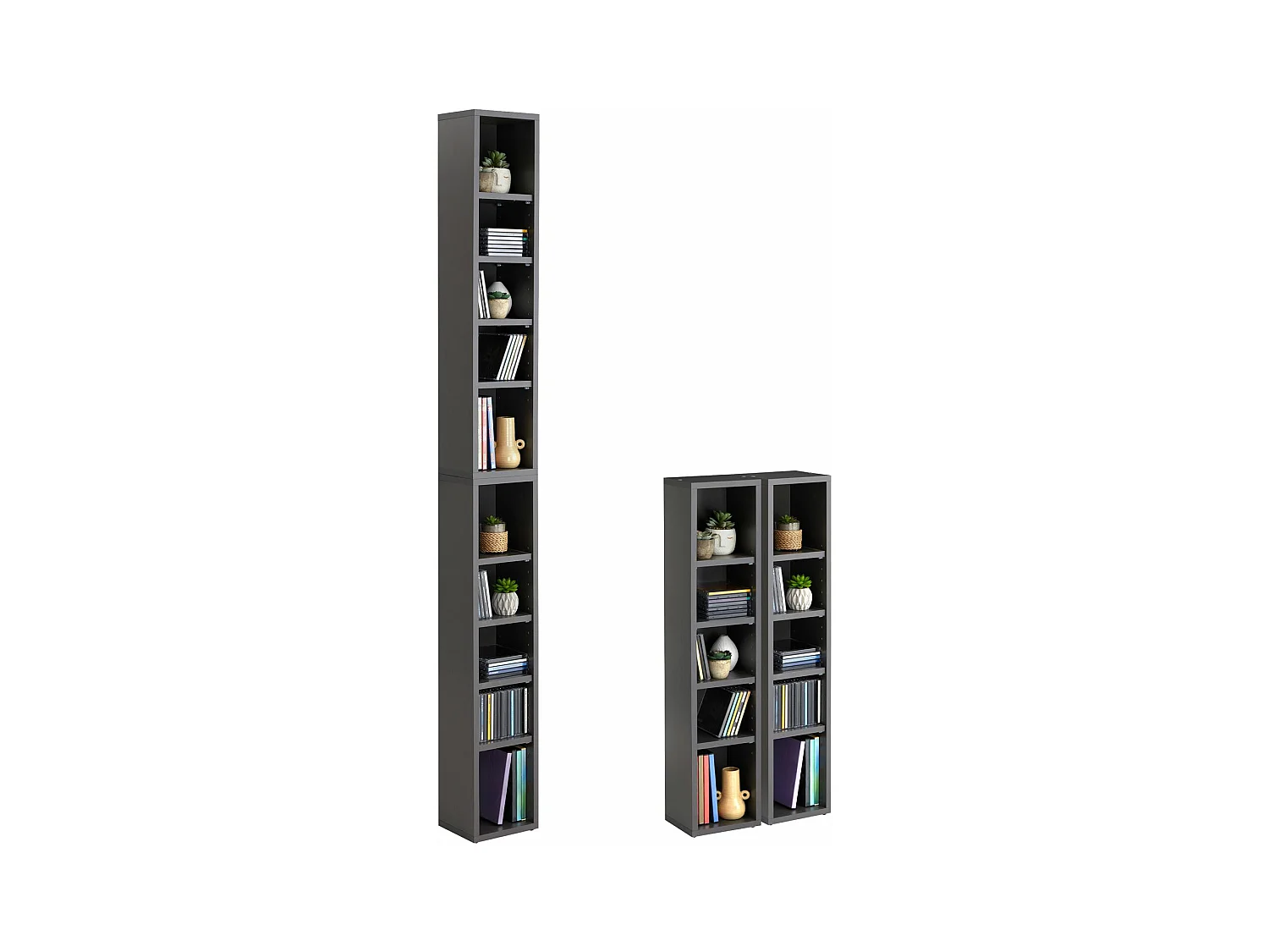 Etagères modulables MUSIQUE pour CD et DVD, lot de 2 meubles de rangement en colonne avec 10 compartiments, en mélaminé gris mat