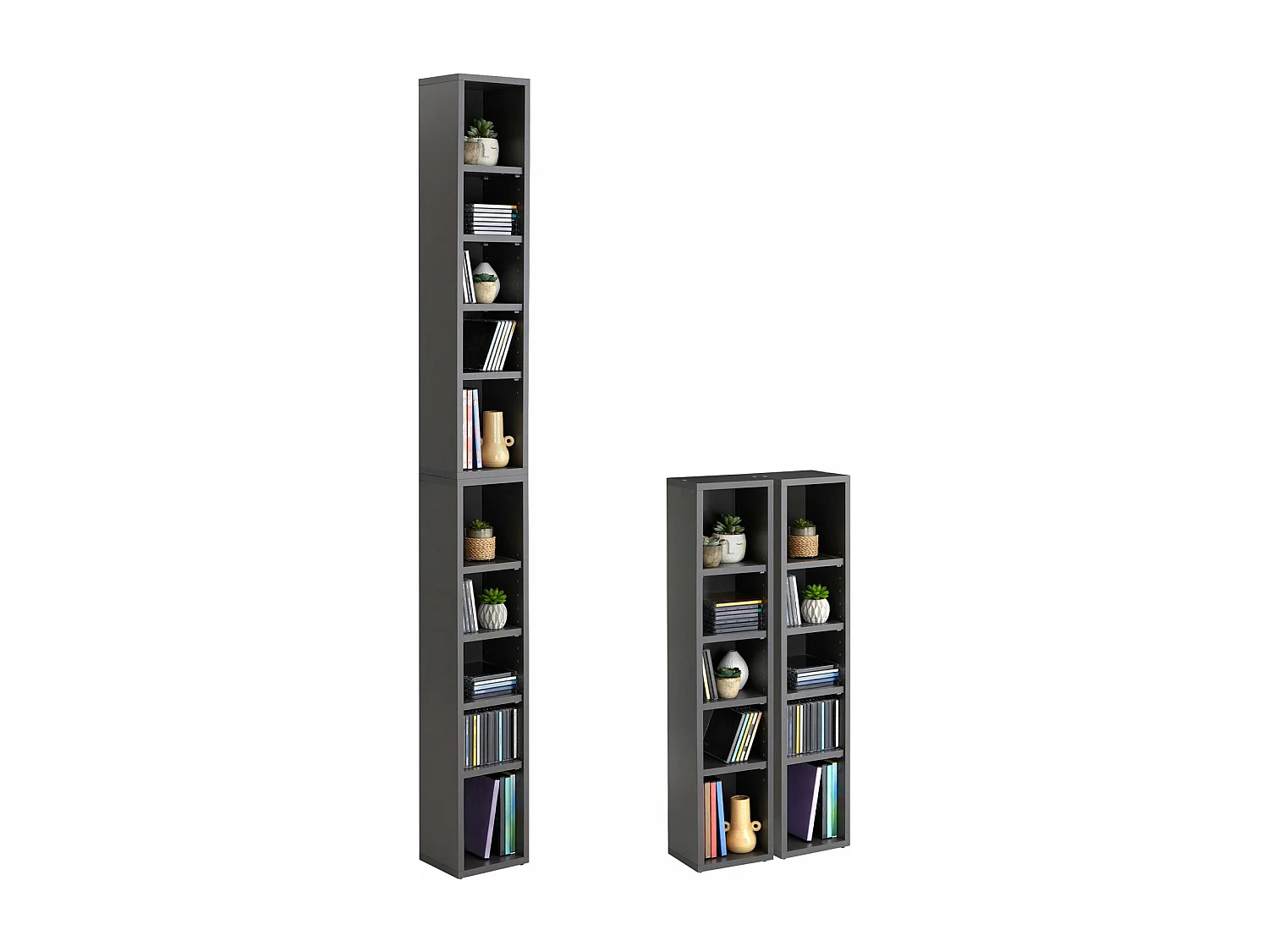 Etagères modulables MUSIQUE pour CD et DVD, lot de 2 meubles de rangement en colonne avec 10 compartiments, en mélaminé gris mat