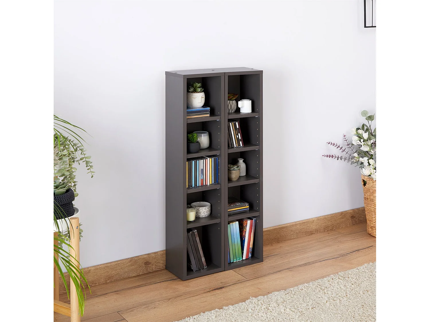 Etagères modulables MUSIQUE pour CD et DVD, lot de 2 meubles de rangement en colonne avec 10 compartiments, en mélaminé gris mat