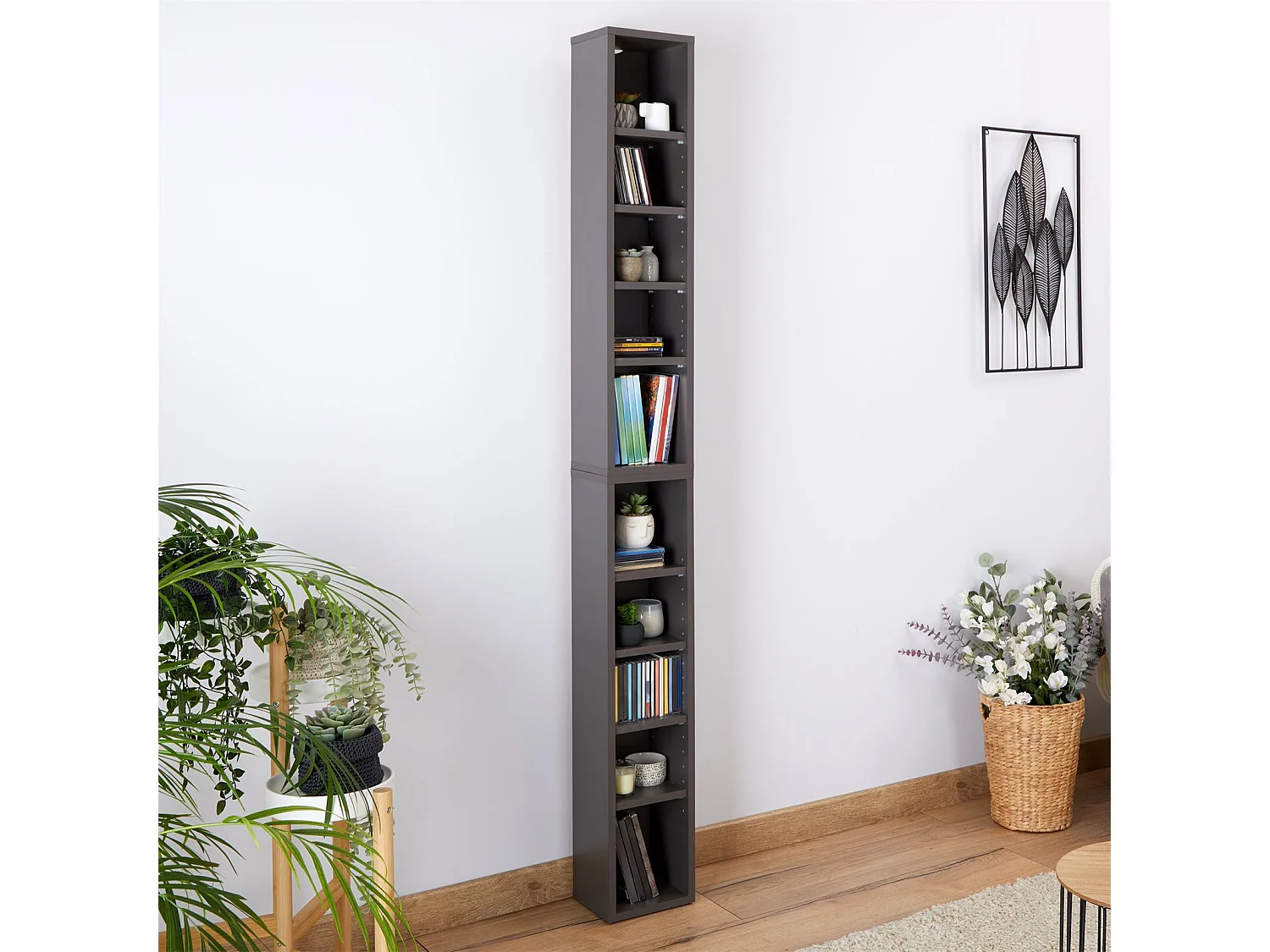 Etagères modulables MUSIQUE pour CD et DVD, lot de 2 meubles de rangement en colonne avec 10 compartiments, en mélaminé gris mat