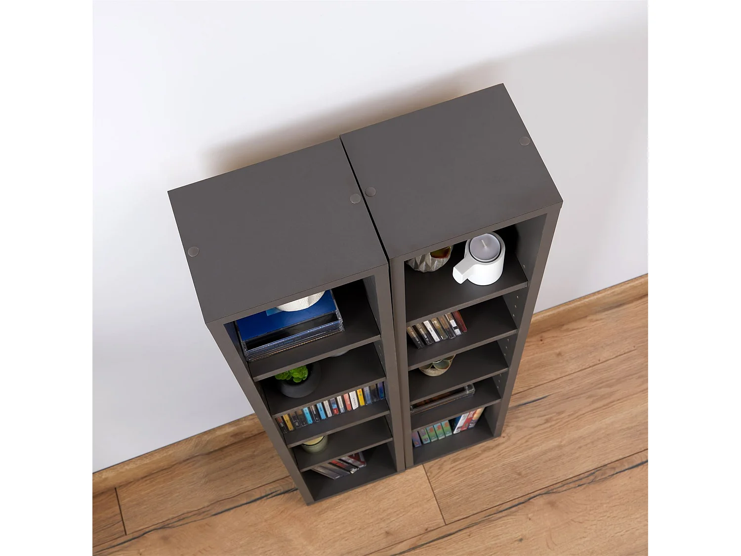 Etagères modulables MUSIQUE pour CD et DVD, lot de 2 meubles de rangement en colonne avec 10 compartiments, en mélaminé gris mat